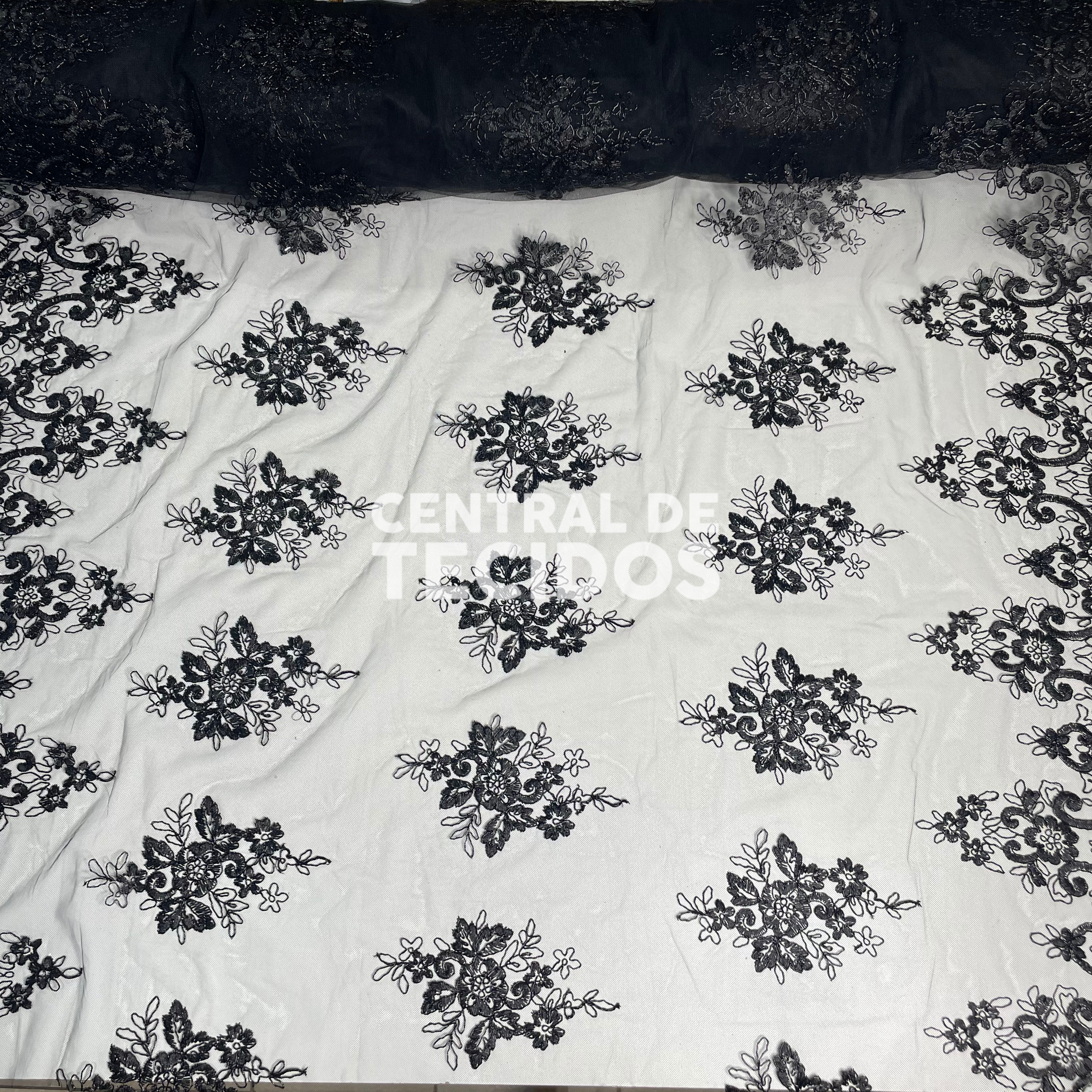 Tule Bordado Metalic Preto Fio Preto