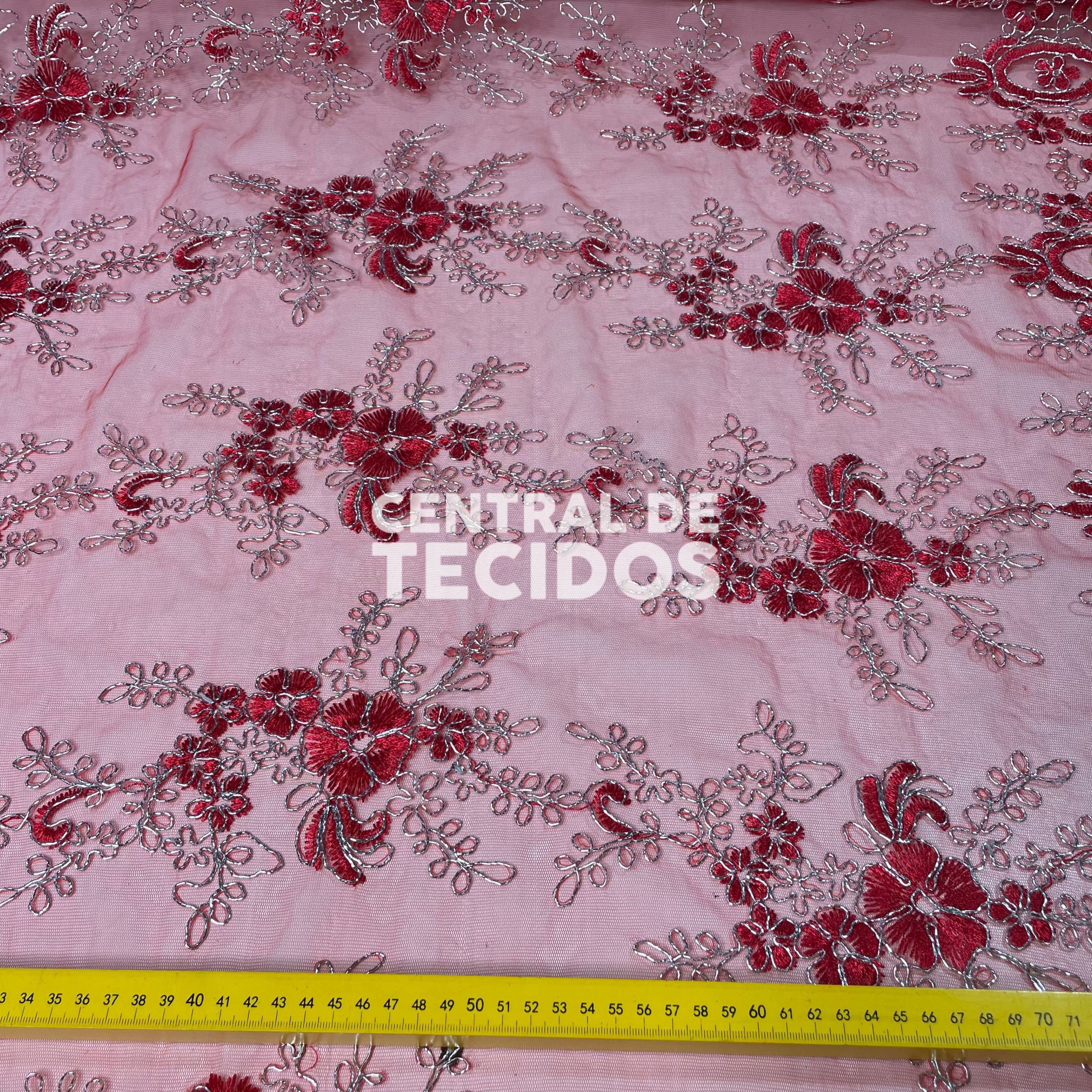 Tule Bordado Metalic Vermelho e Prata