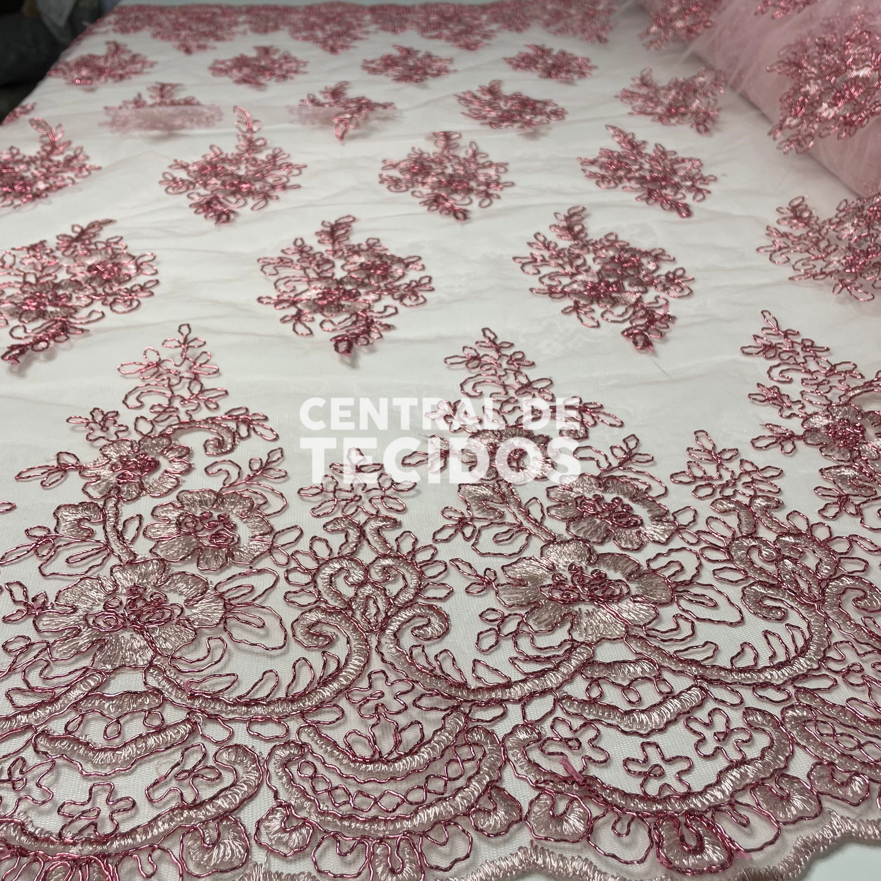 Tule Bordado Metalic Rosa Antigo