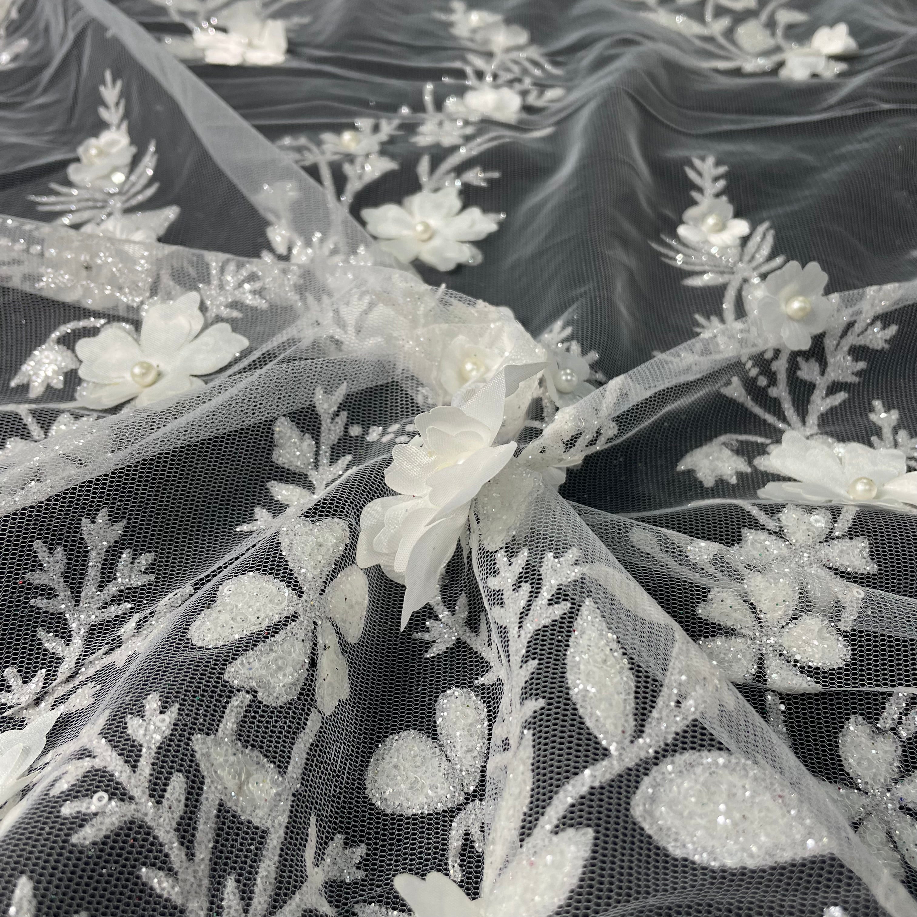 Tule Bordado Glitter 3D Floral Pérola Branco