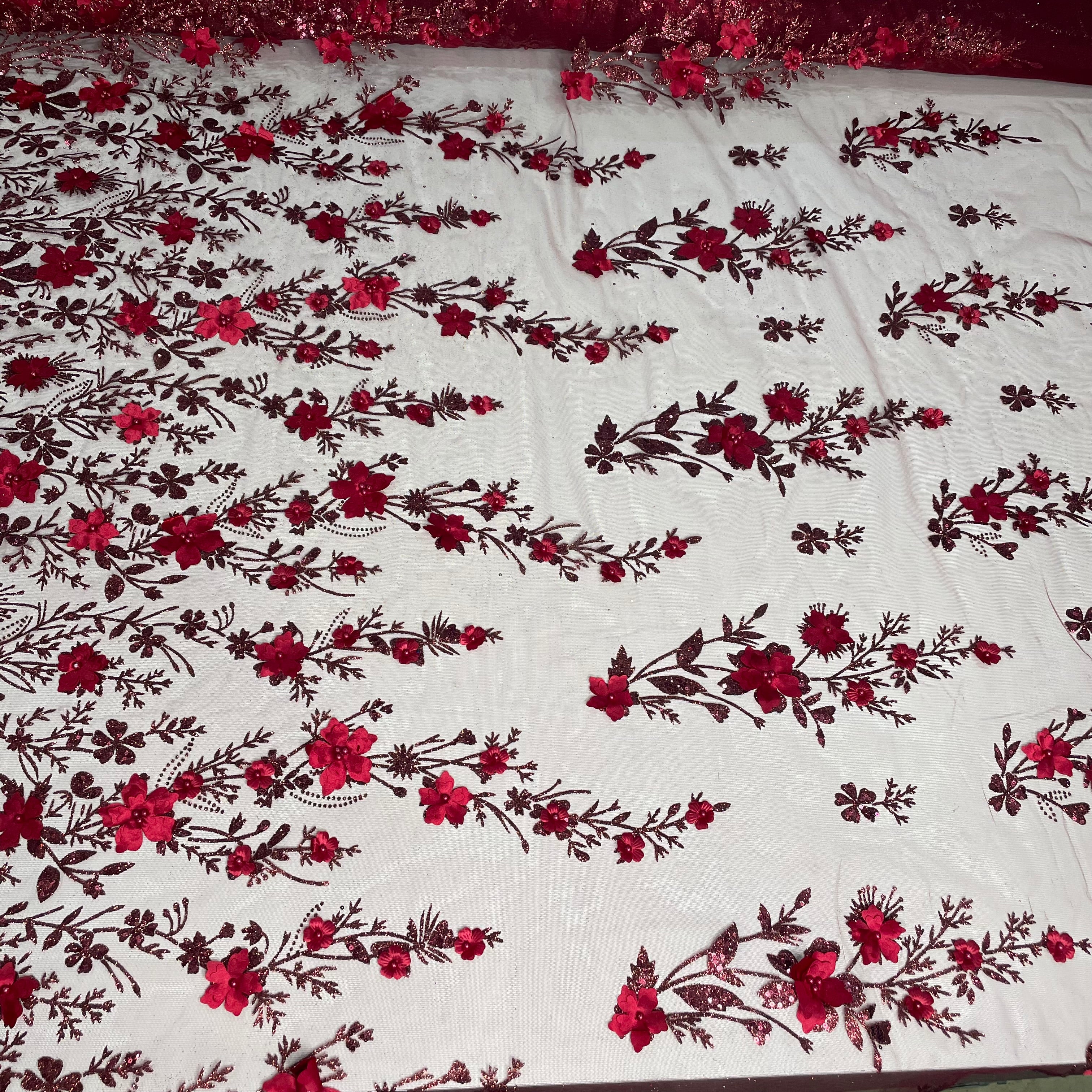 Tule Bordado Glitter 3D Floral Pérola Vermelho Rubi