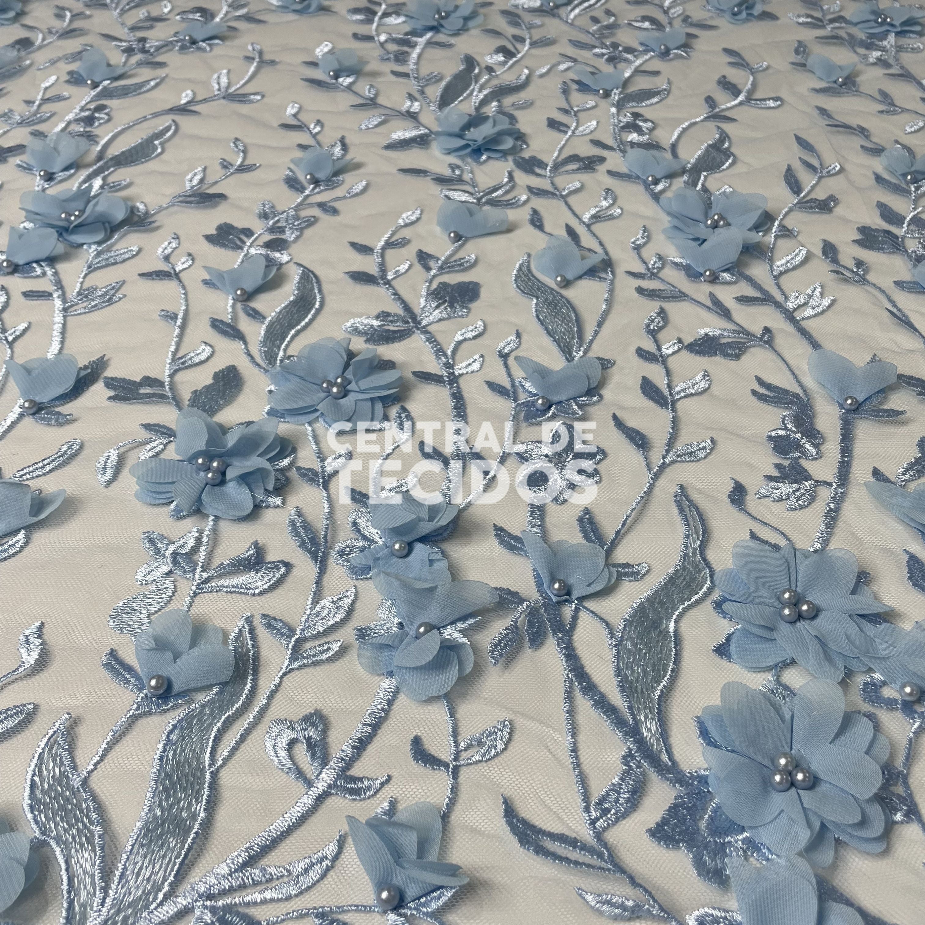Tule Design Floral 3D Azul Bebê