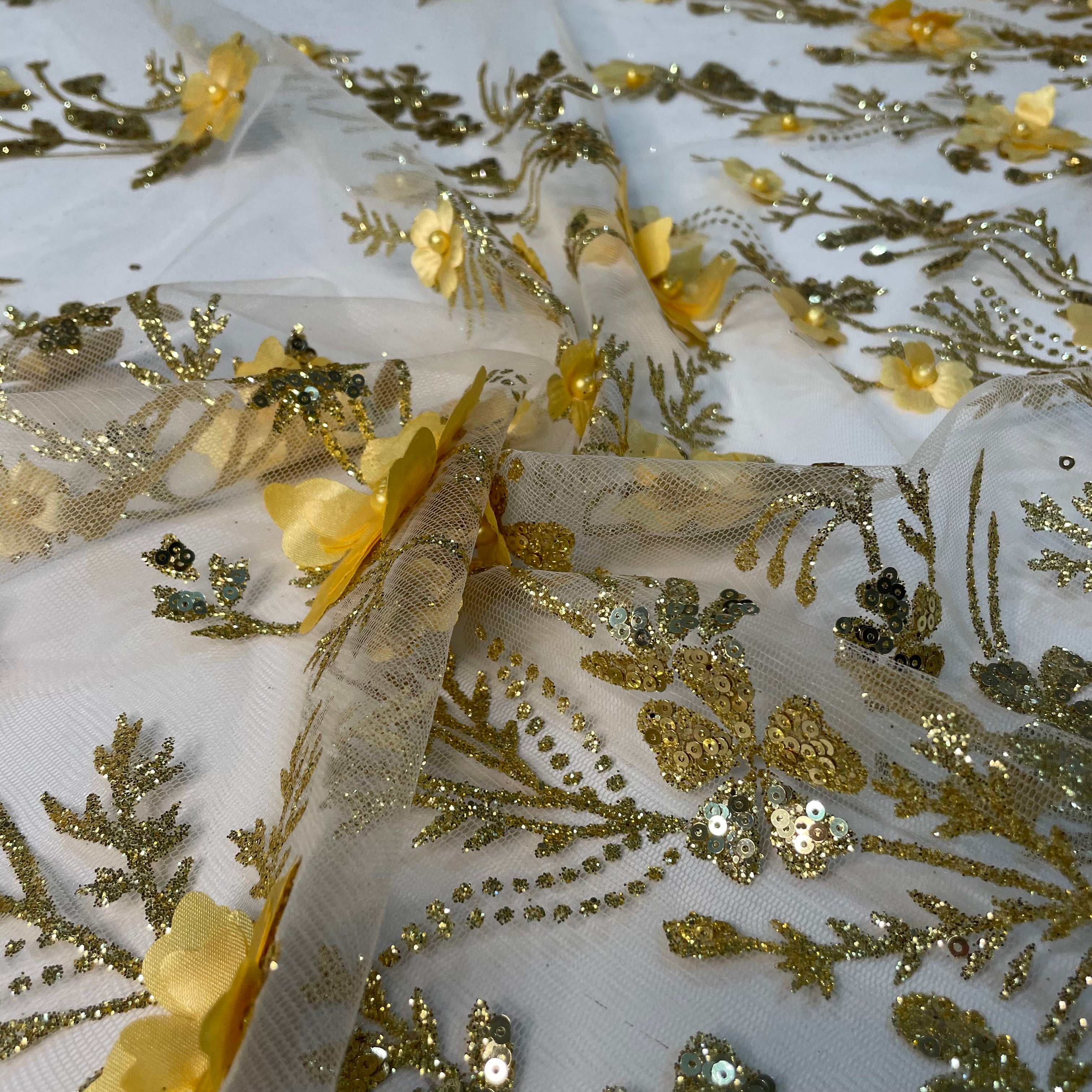 Tule Bordado Glitter 3D Floral Pérola Dourado