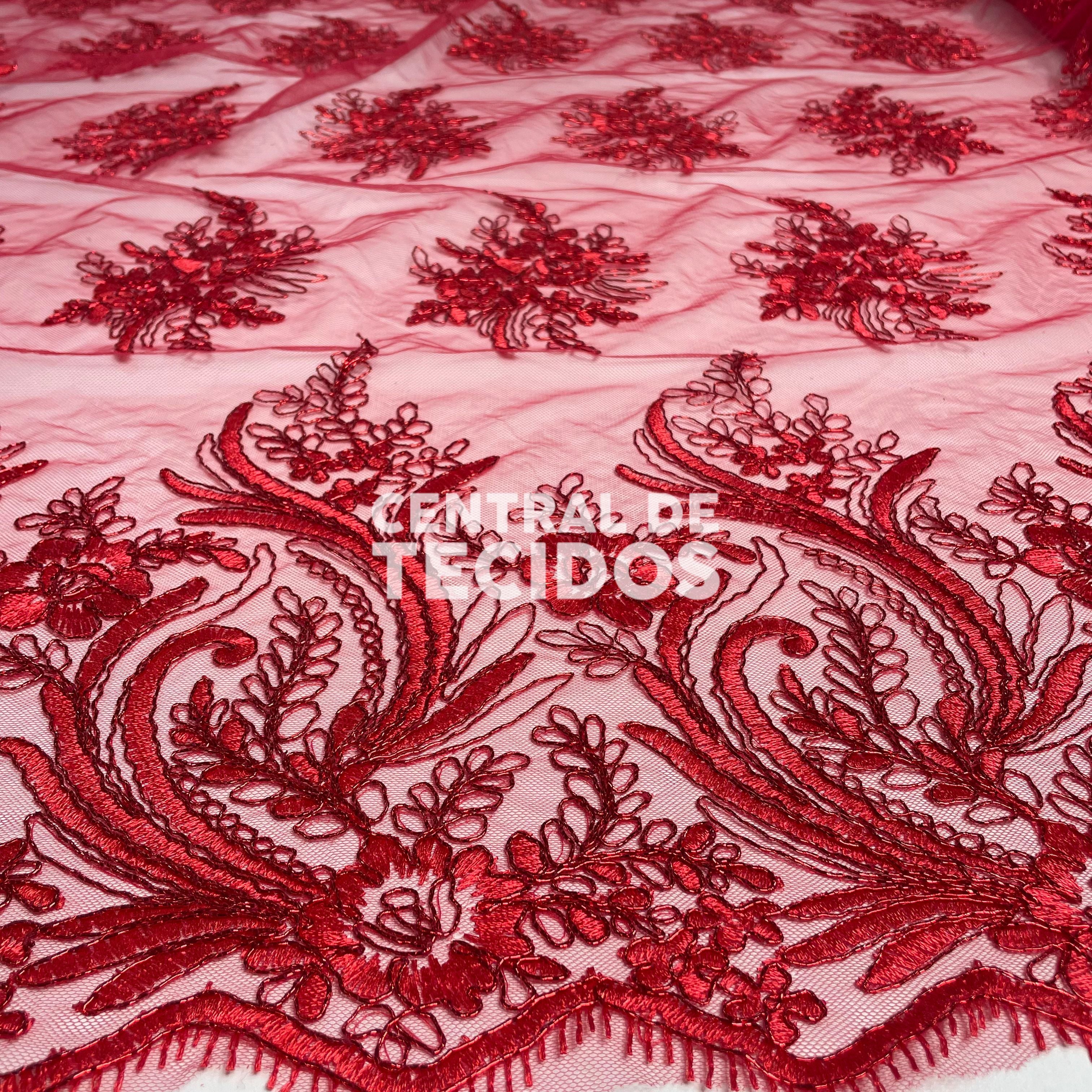 Tule Bordado Metalic Vermelho