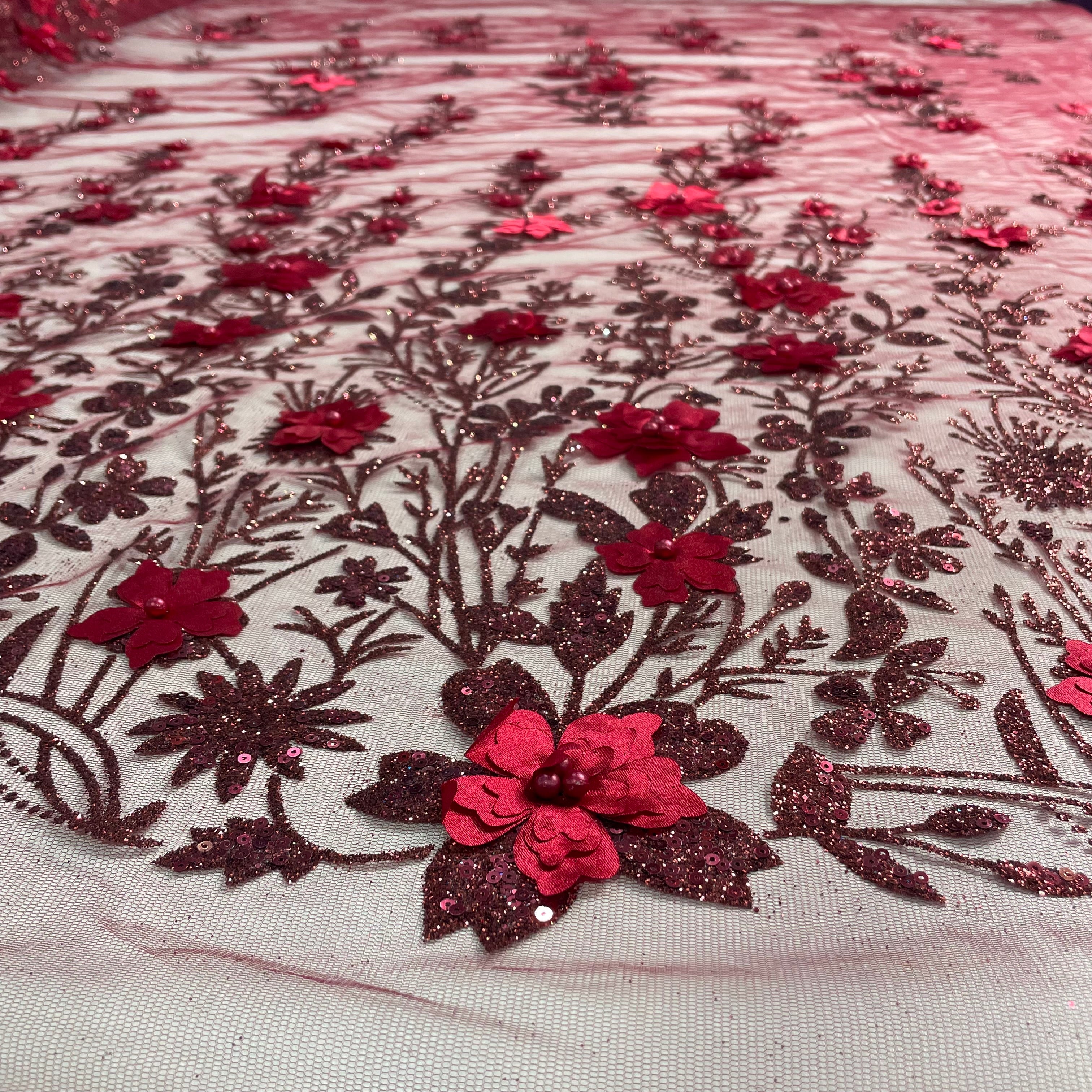 Tule Bordado Glitter 3D Floral Pérola Vermelho Rubi