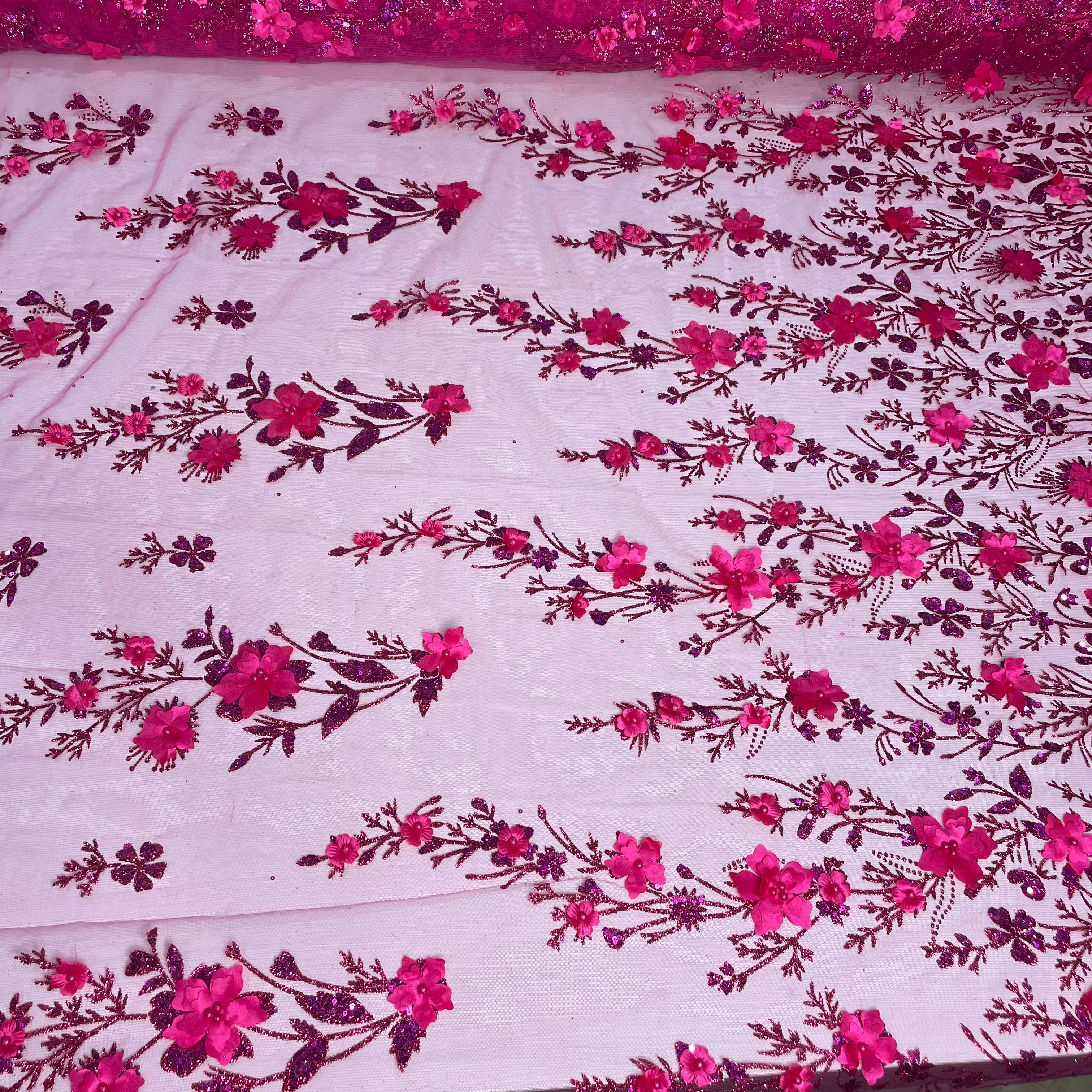 Tule Bordado Glitter 3D Floral Pérola Rosa Choque