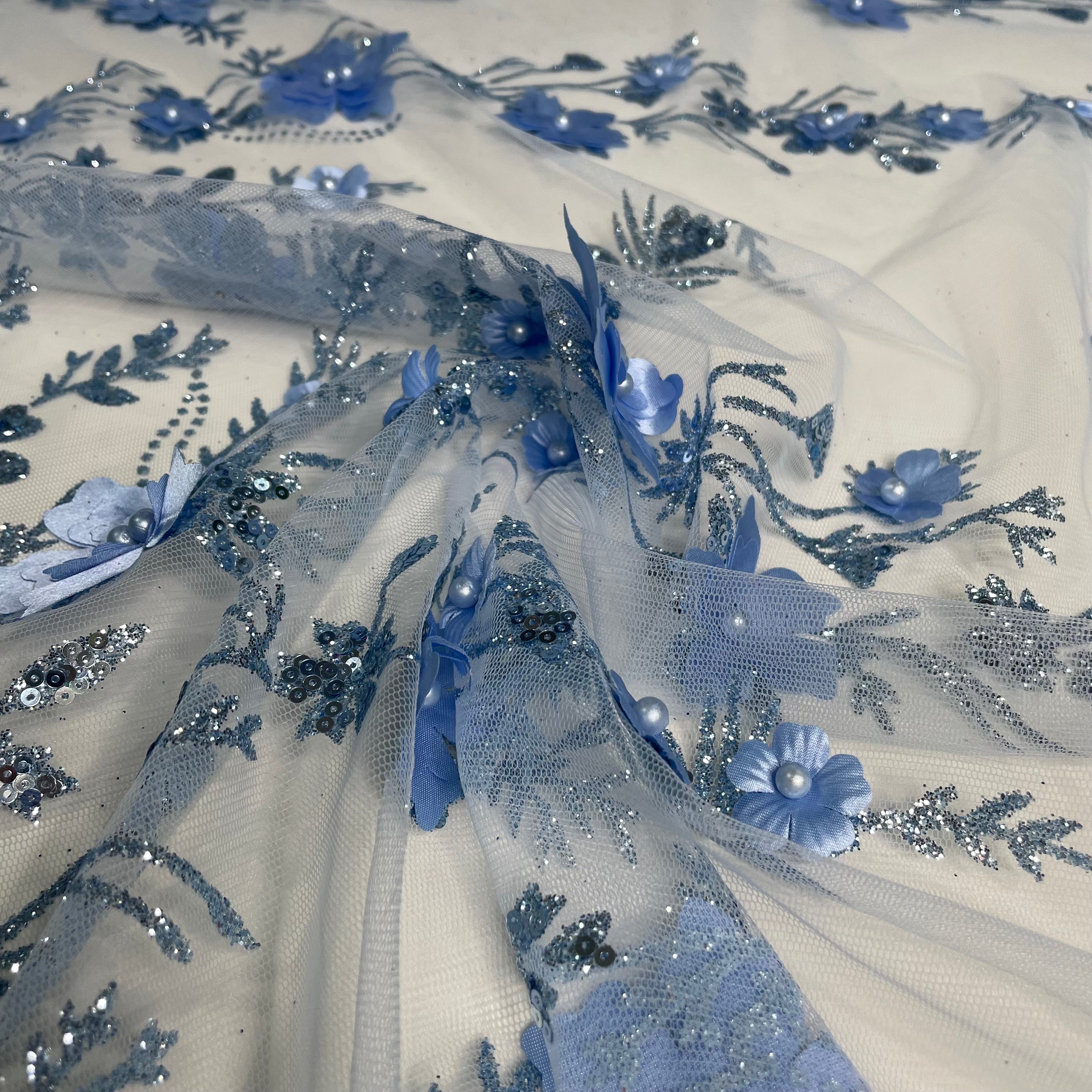 Tule Bordado Glitter 3D Floral Pérola Azul Serenity