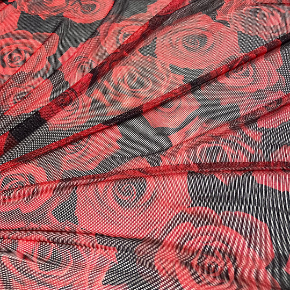 Tule com Elastano Digital Rosas Vermelhas
