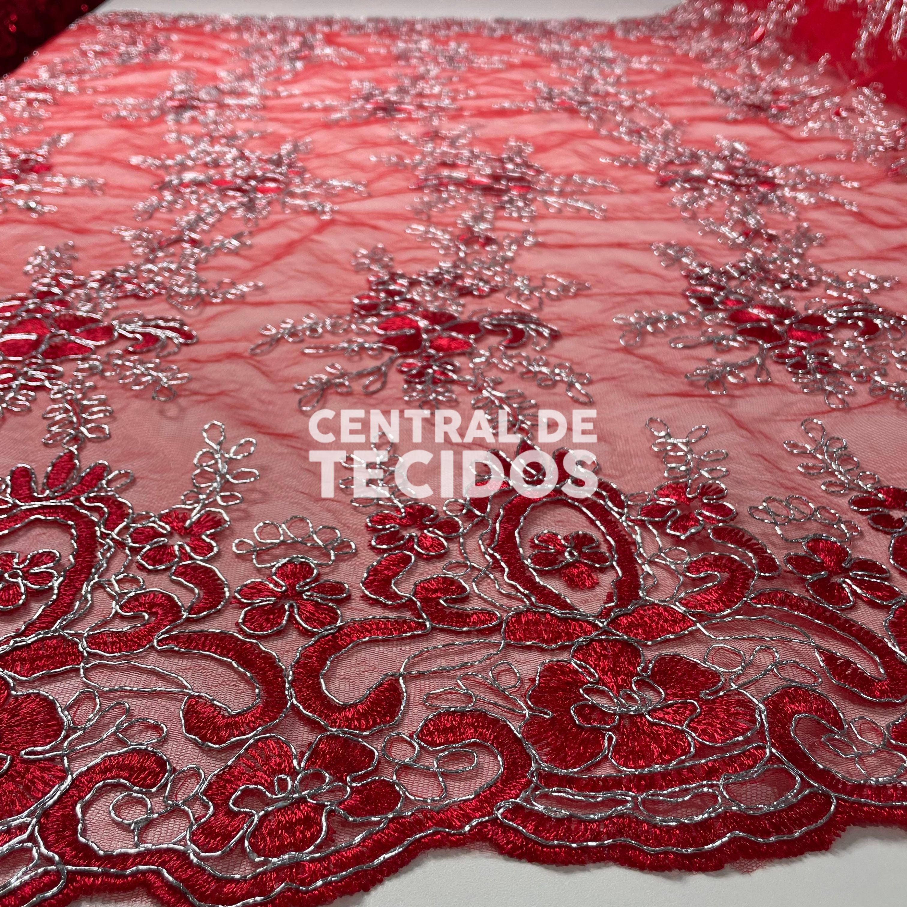 Tule Bordado Metalic Vermelho e Prata