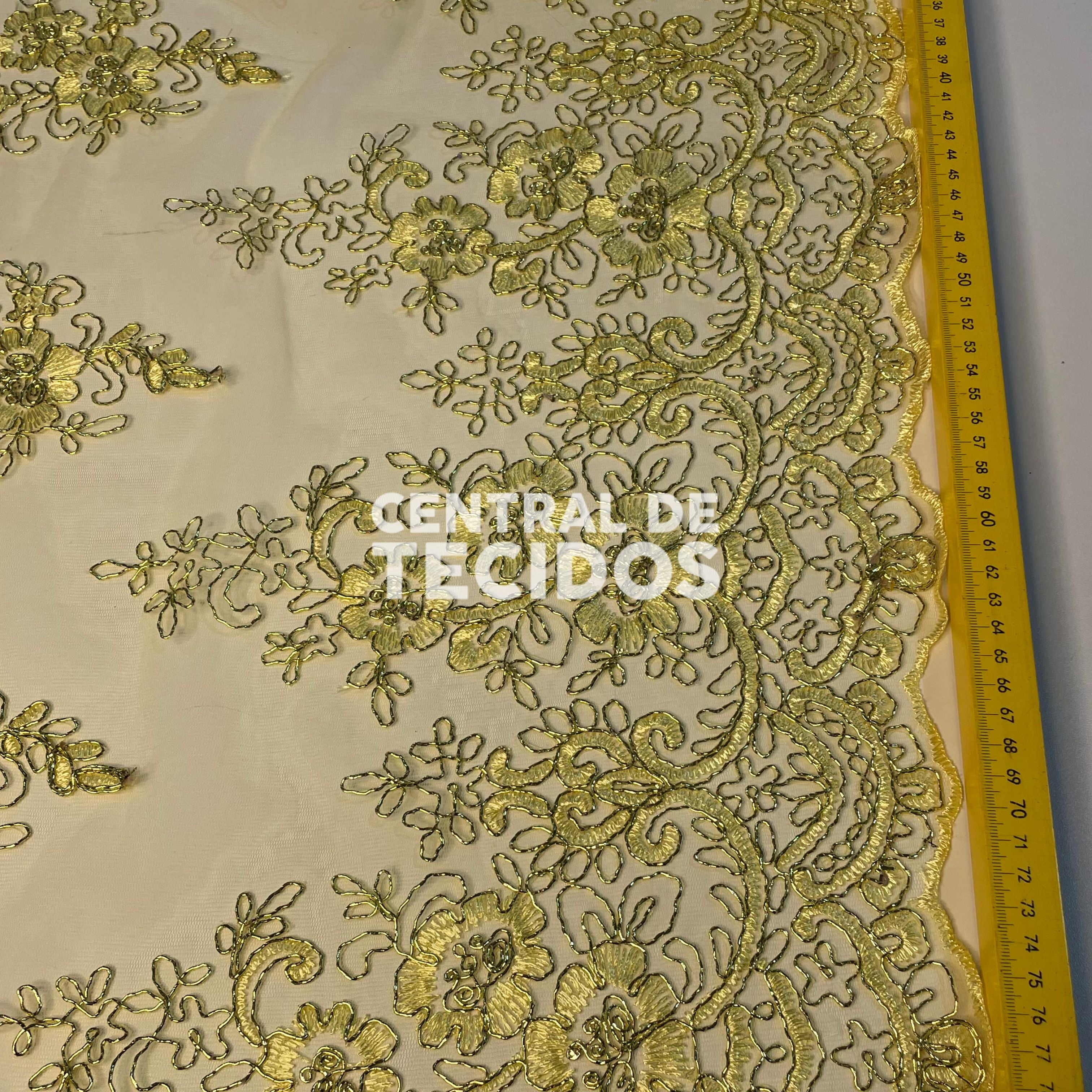 Tule Bordado Metalic Amarelo Ouro