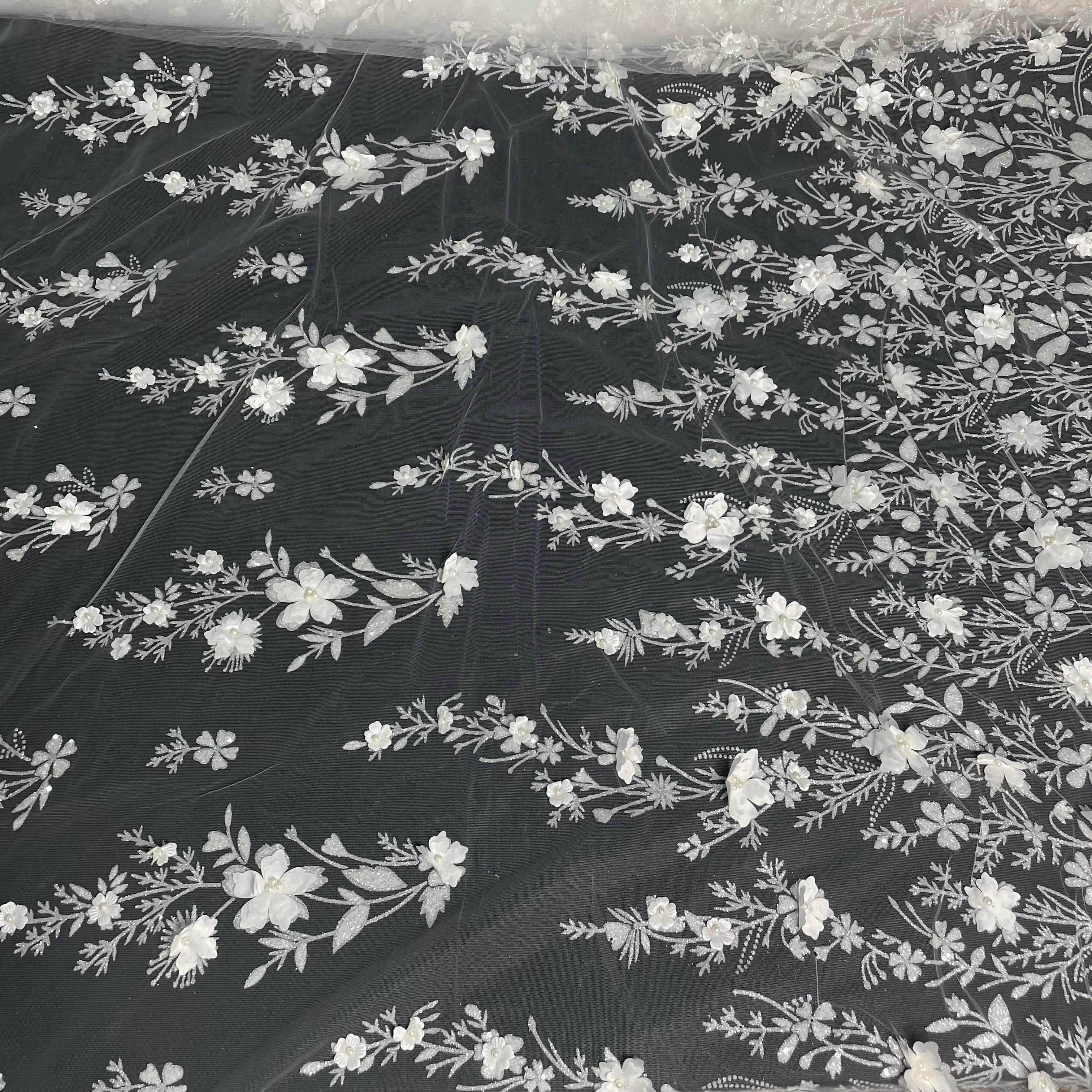 Tule Bordado Glitter 3D Floral Pérola Branco