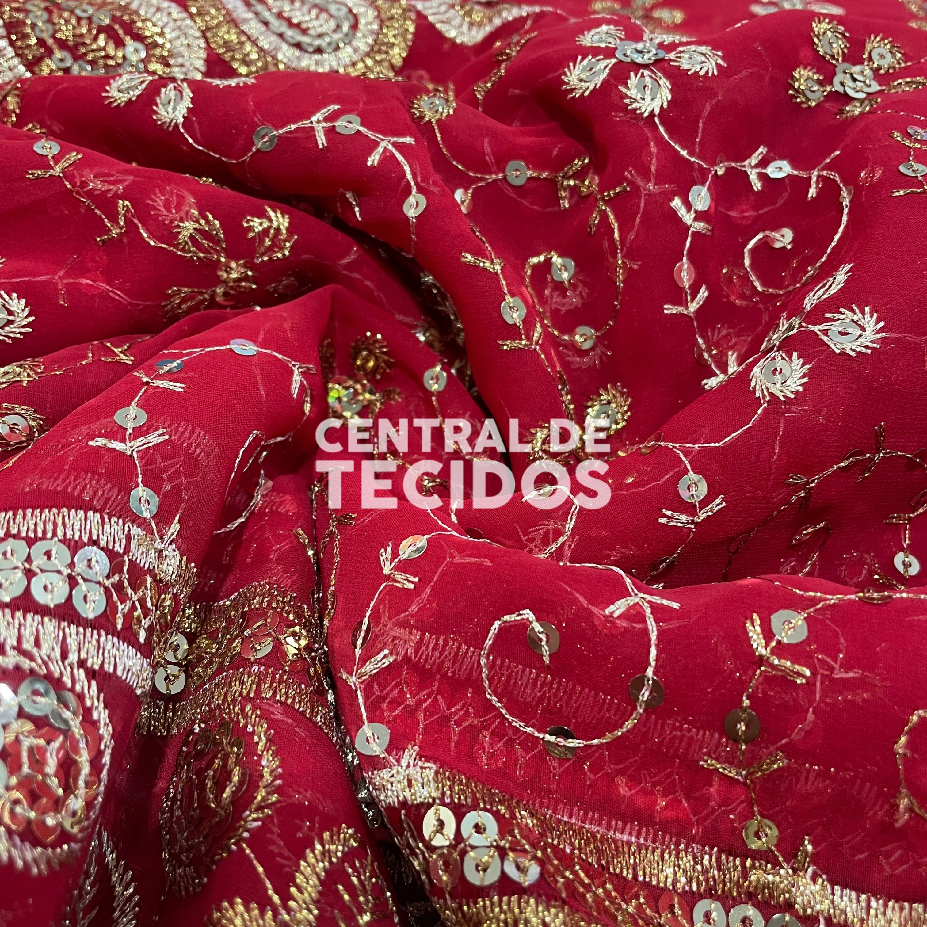 Chiffon Bordado Indiano Vermelho