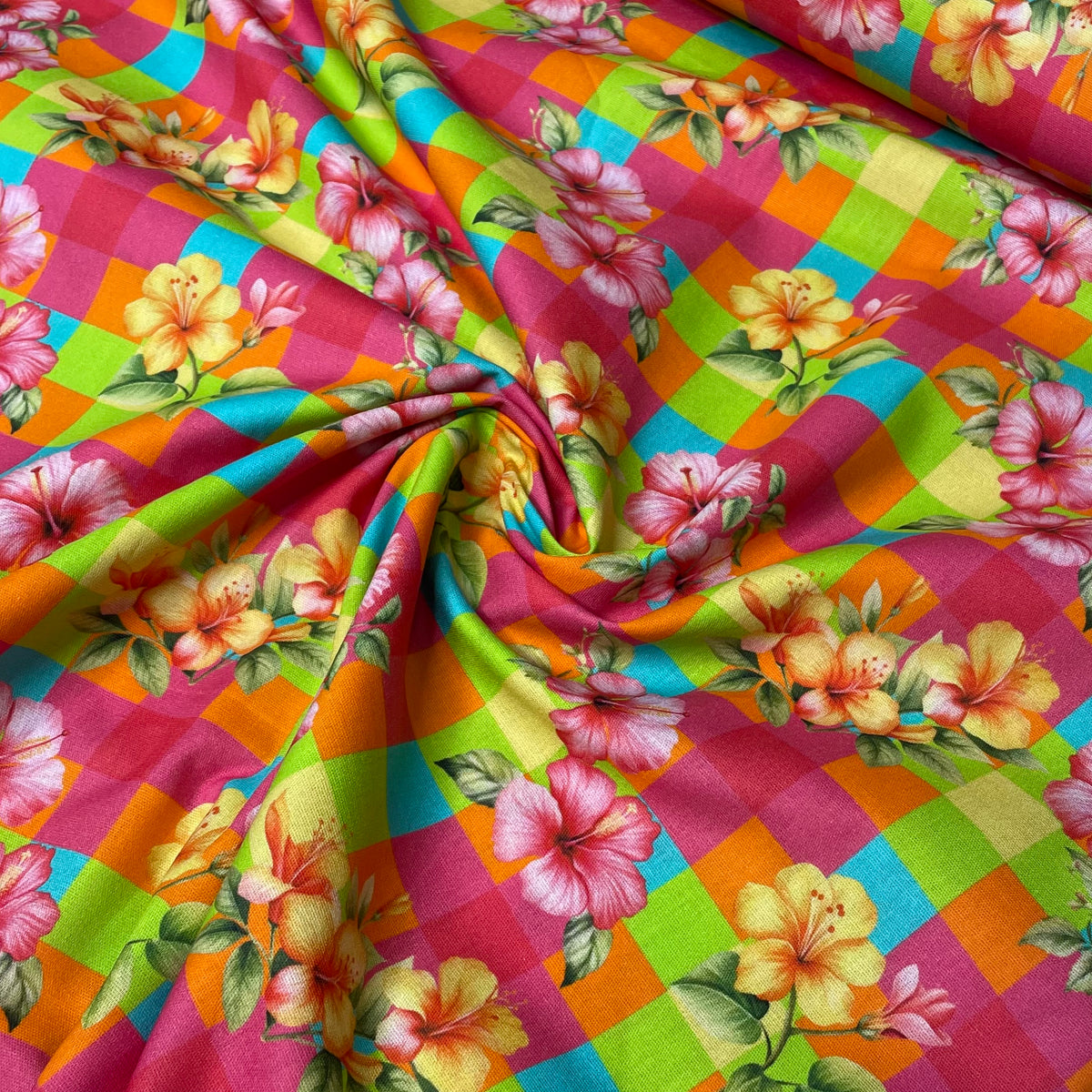 Tricoline Estampado Xadrez Floral