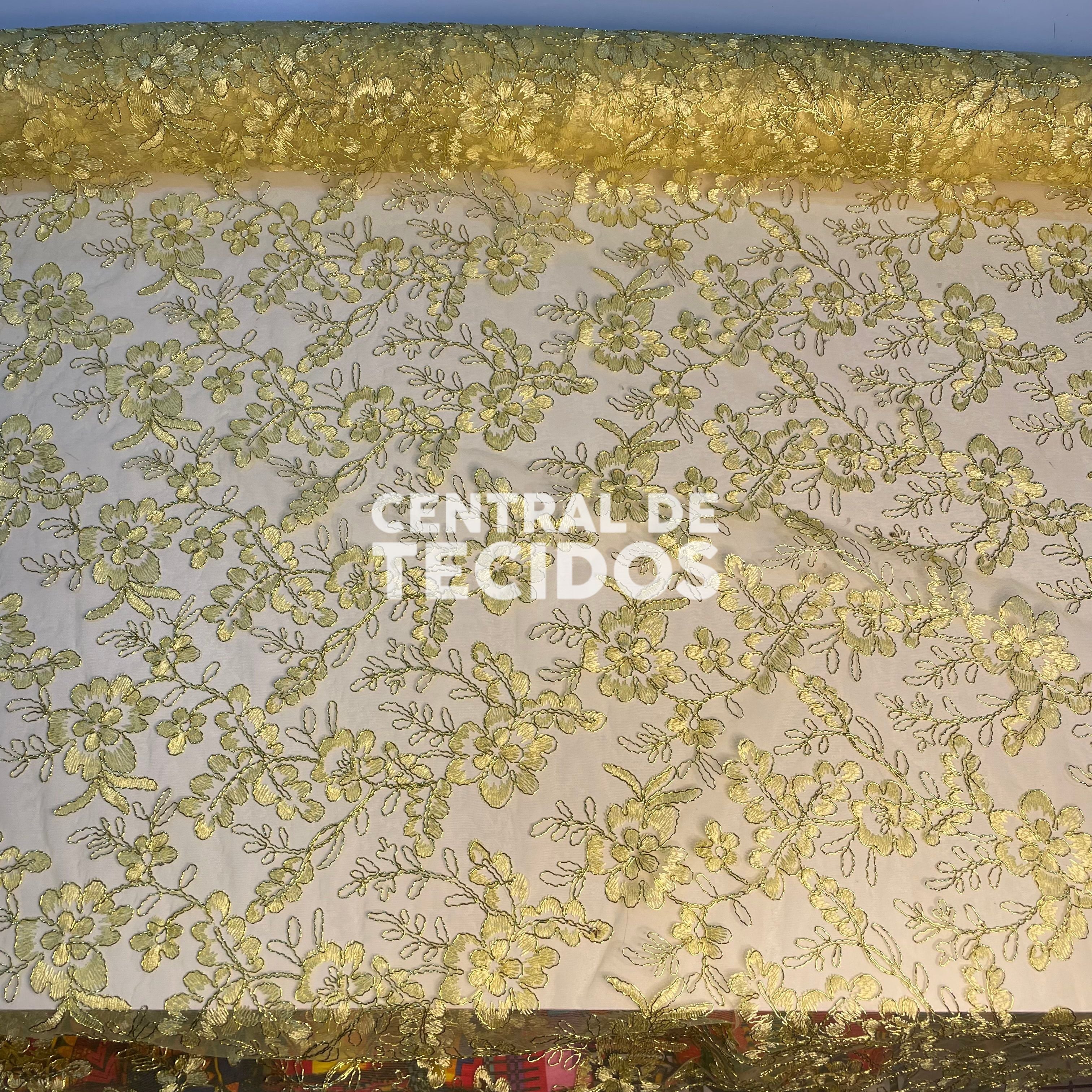 Tule Bordado Metalic Dourado