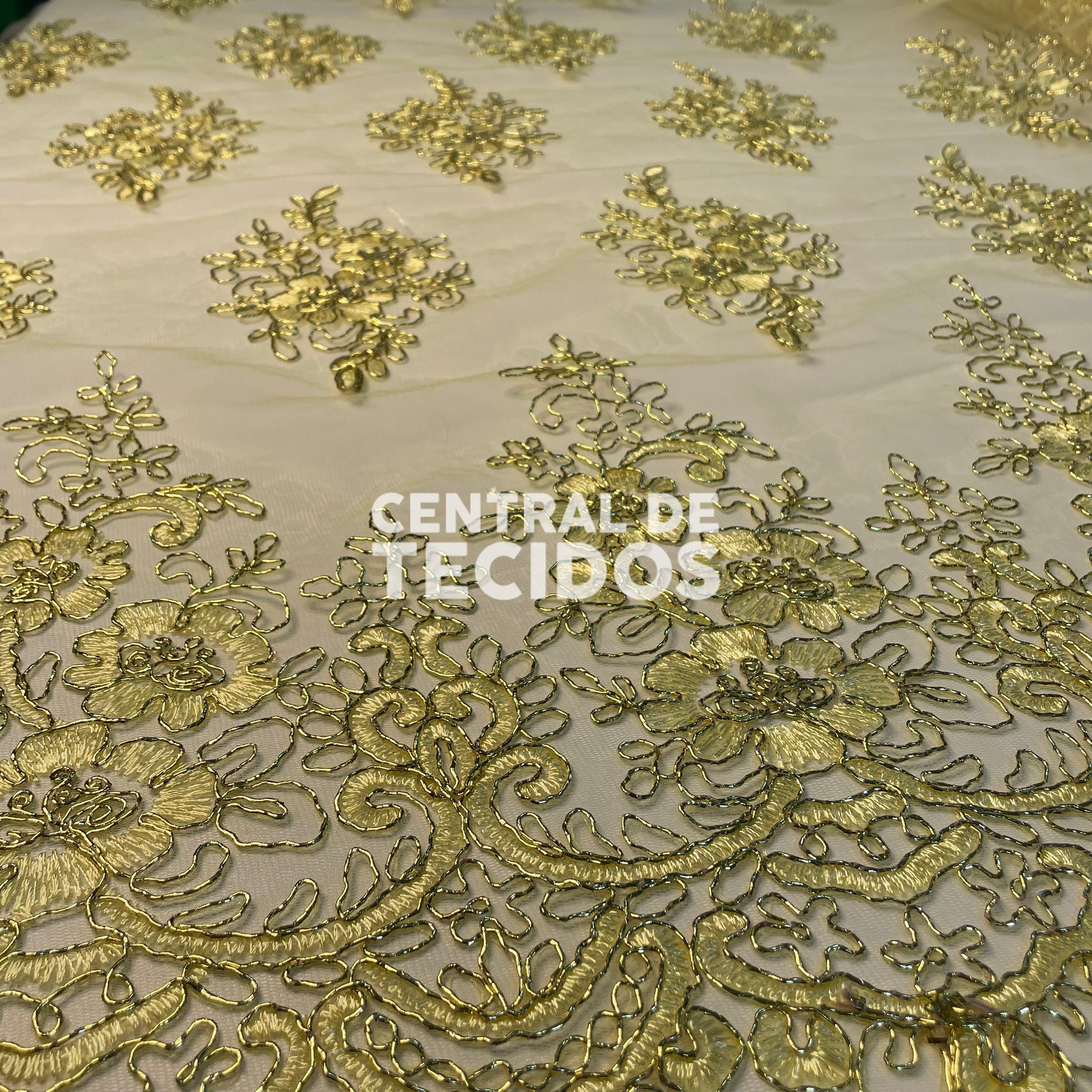 Tule Bordado Metalic Amarelo Ouro
