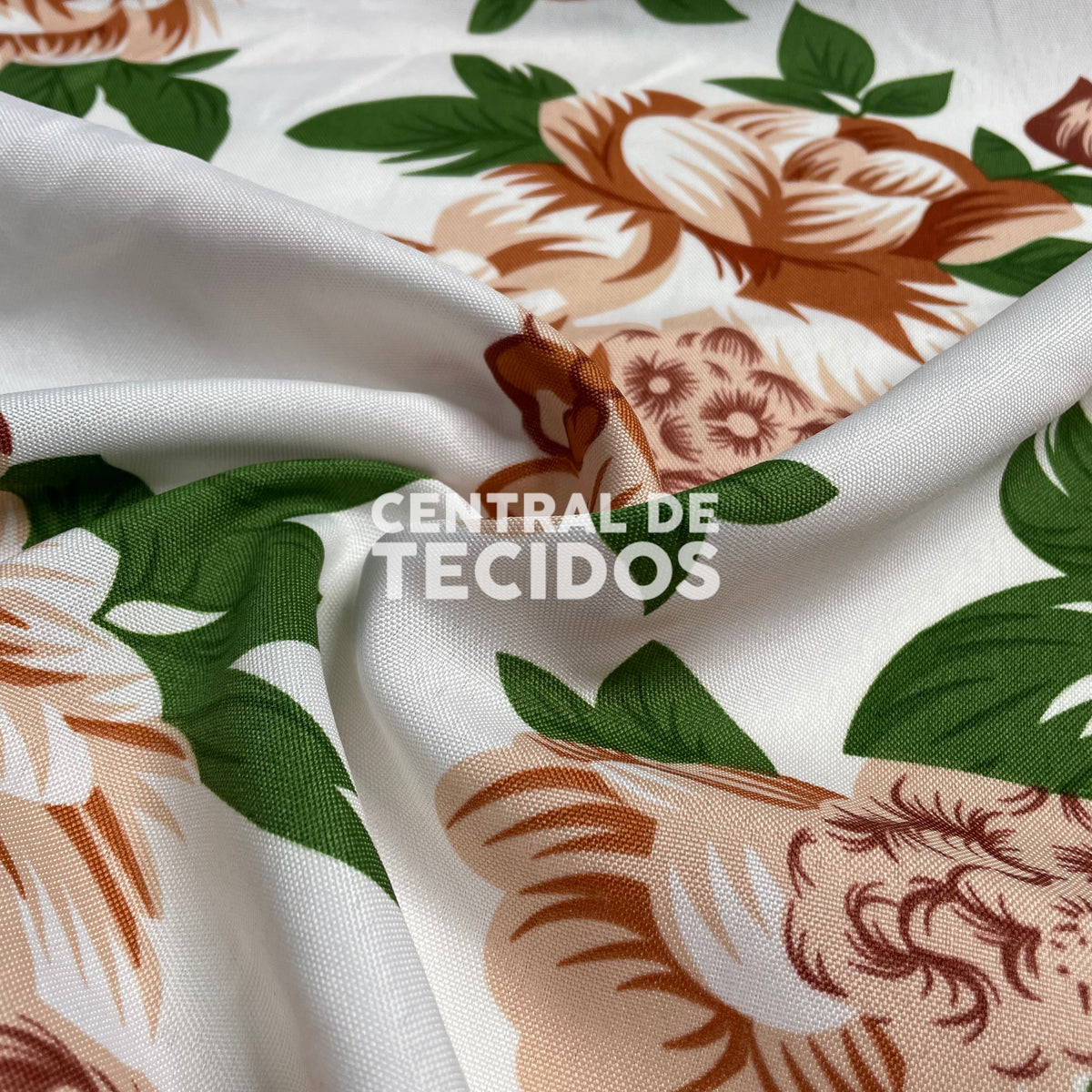 Oxford Estampado Flores Marrom e Folhas Verdes