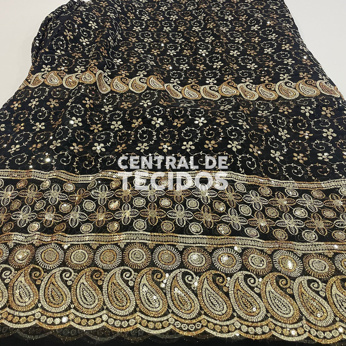 Chiffon Bordado Indiano Preto