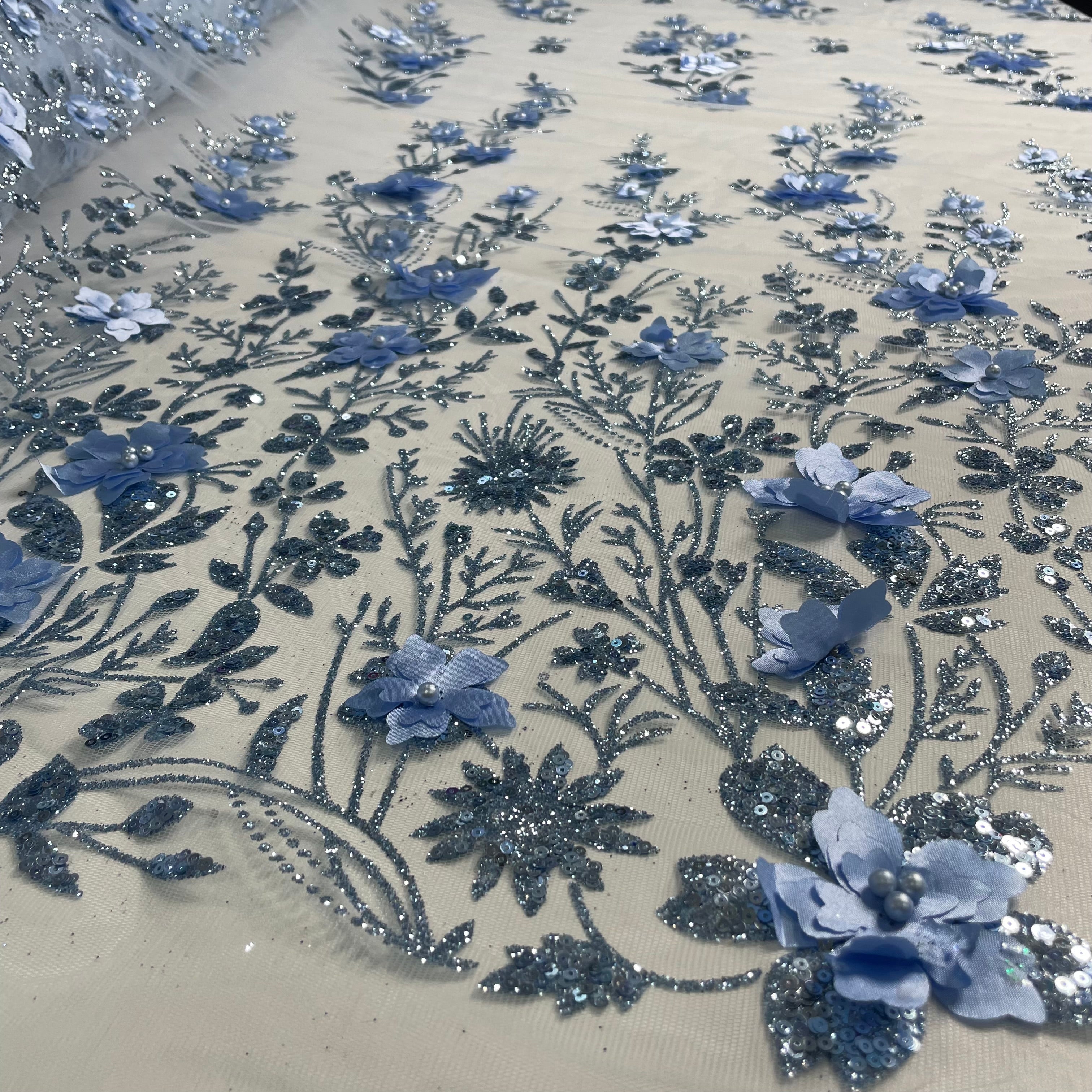 Tule Bordado Glitter 3D Floral Pérola Azul Serenity