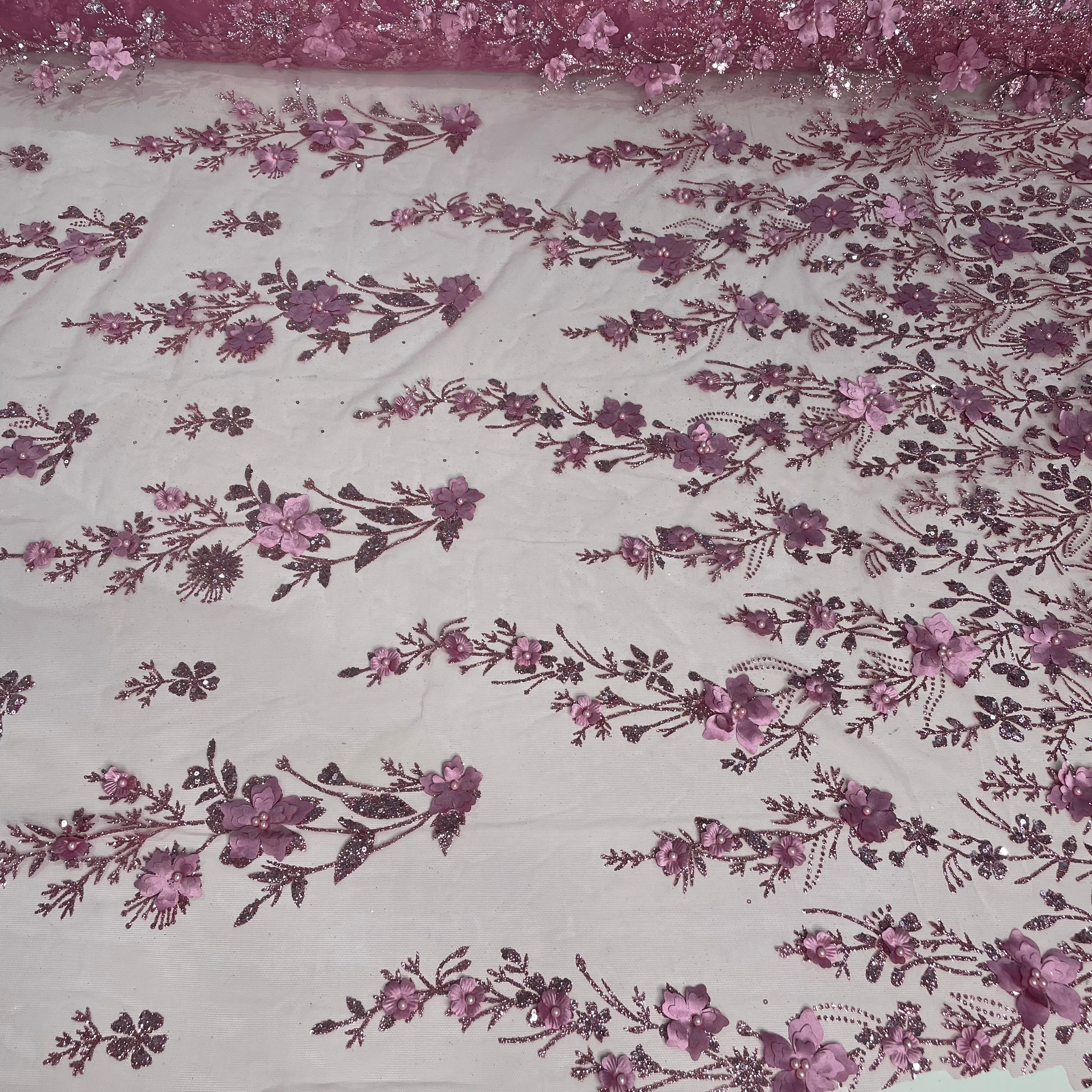 Tule Bordado Glitter 3D Floral Pérola Rosa Antigo