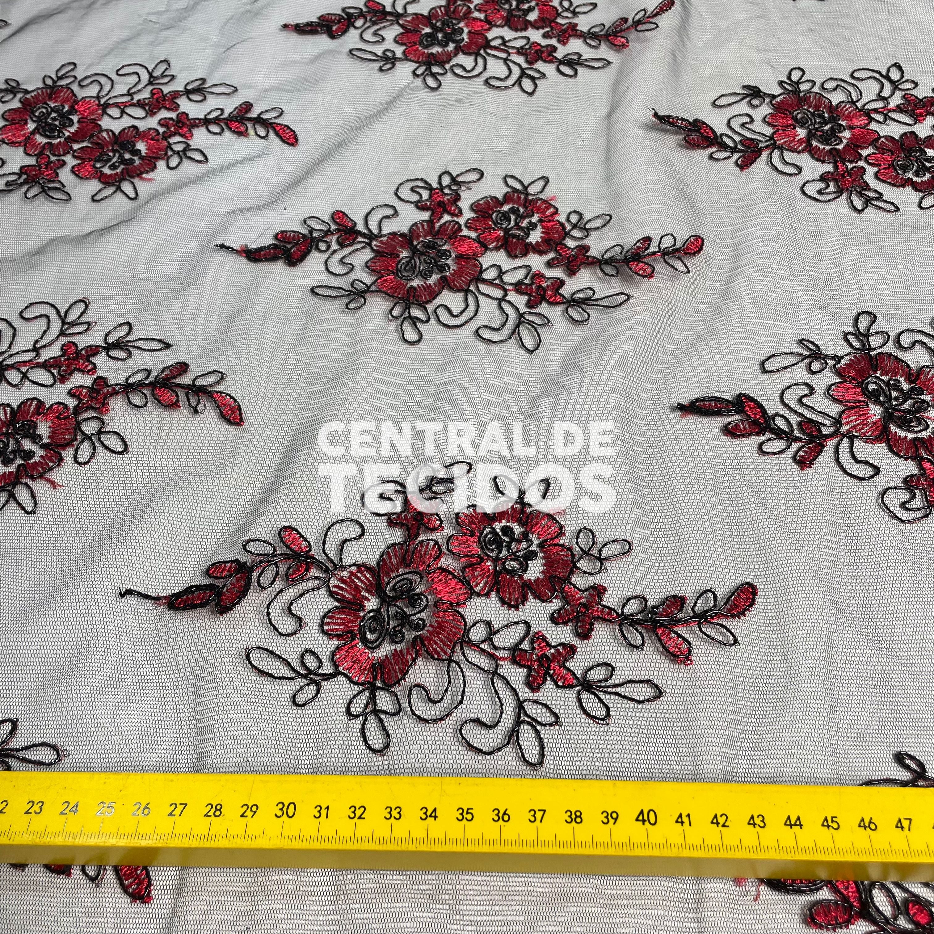 Tule Bordado Metalic Vermelho e Preto