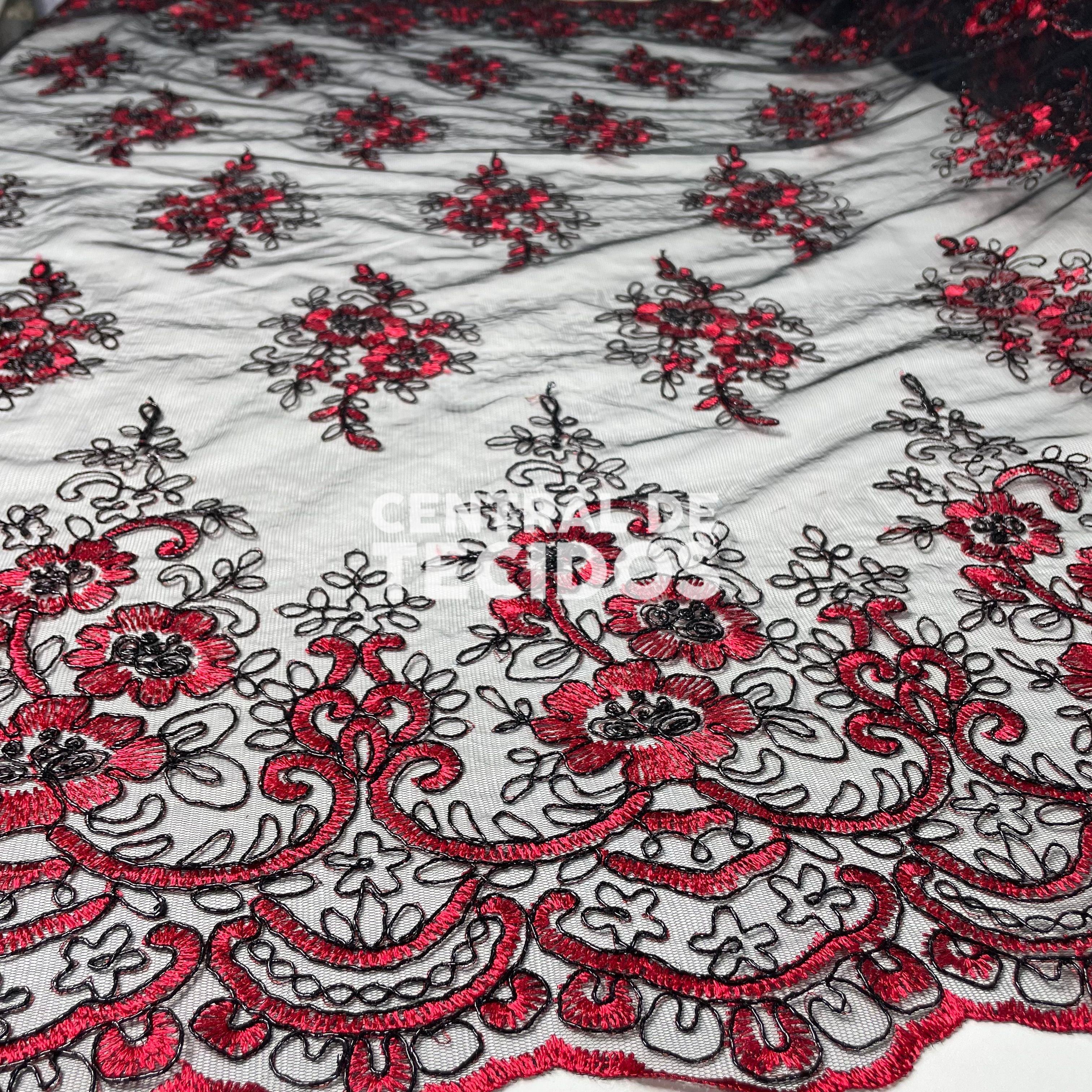Tule Bordado Metalic Vermelho e Preto