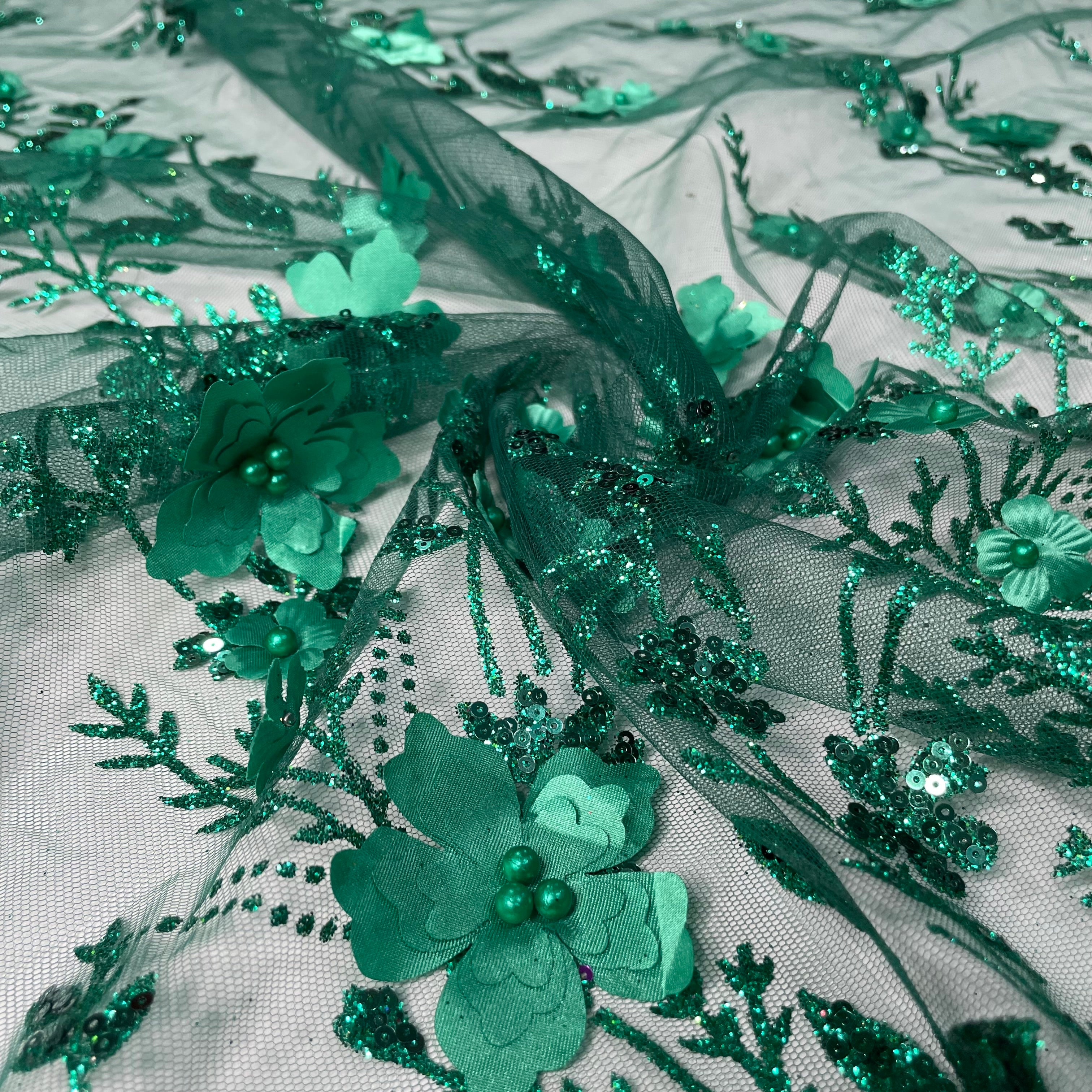 Tule Bordado Glitter 3D Floral Pérola Verde Esmeralda