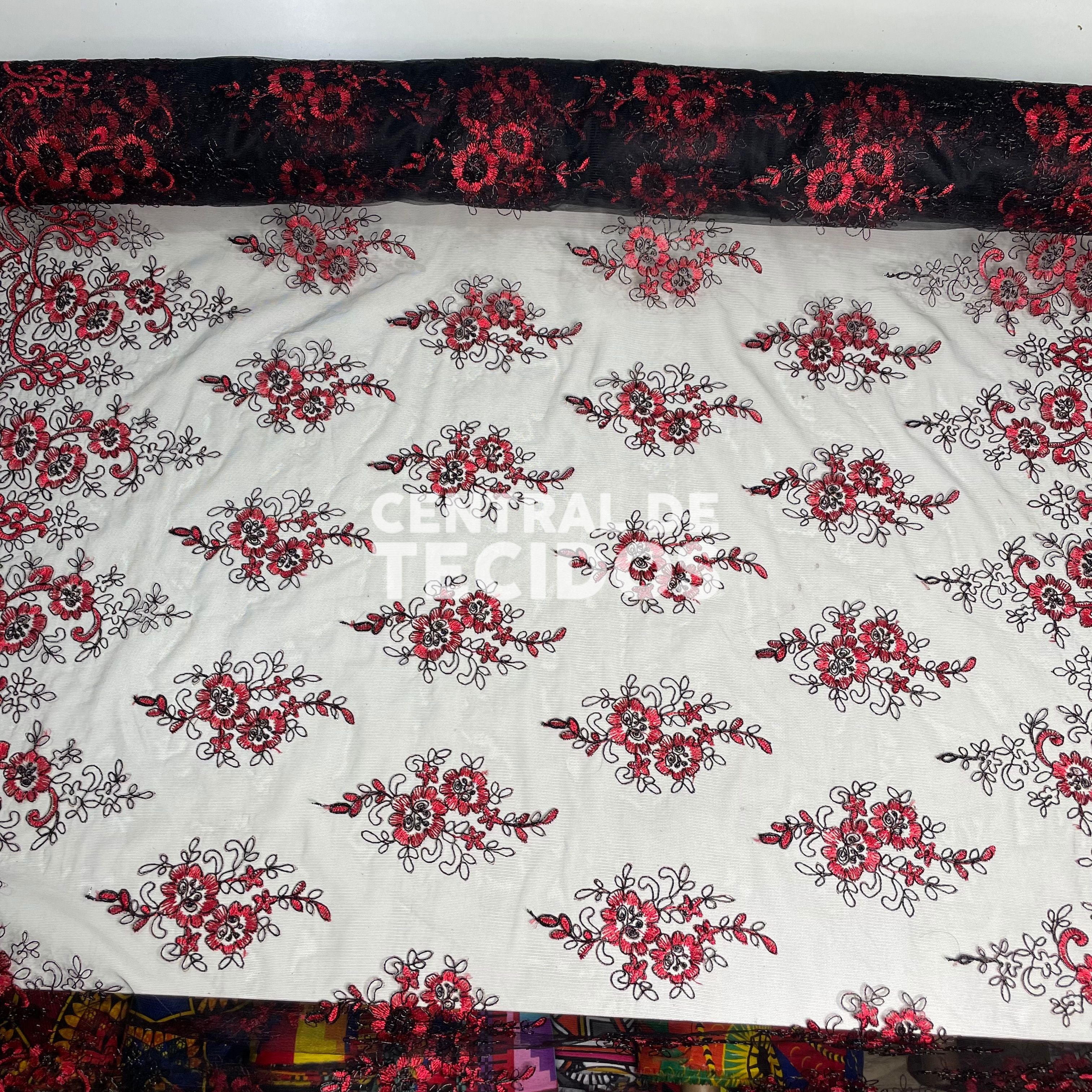 Tule Bordado Metalic Vermelho e Preto