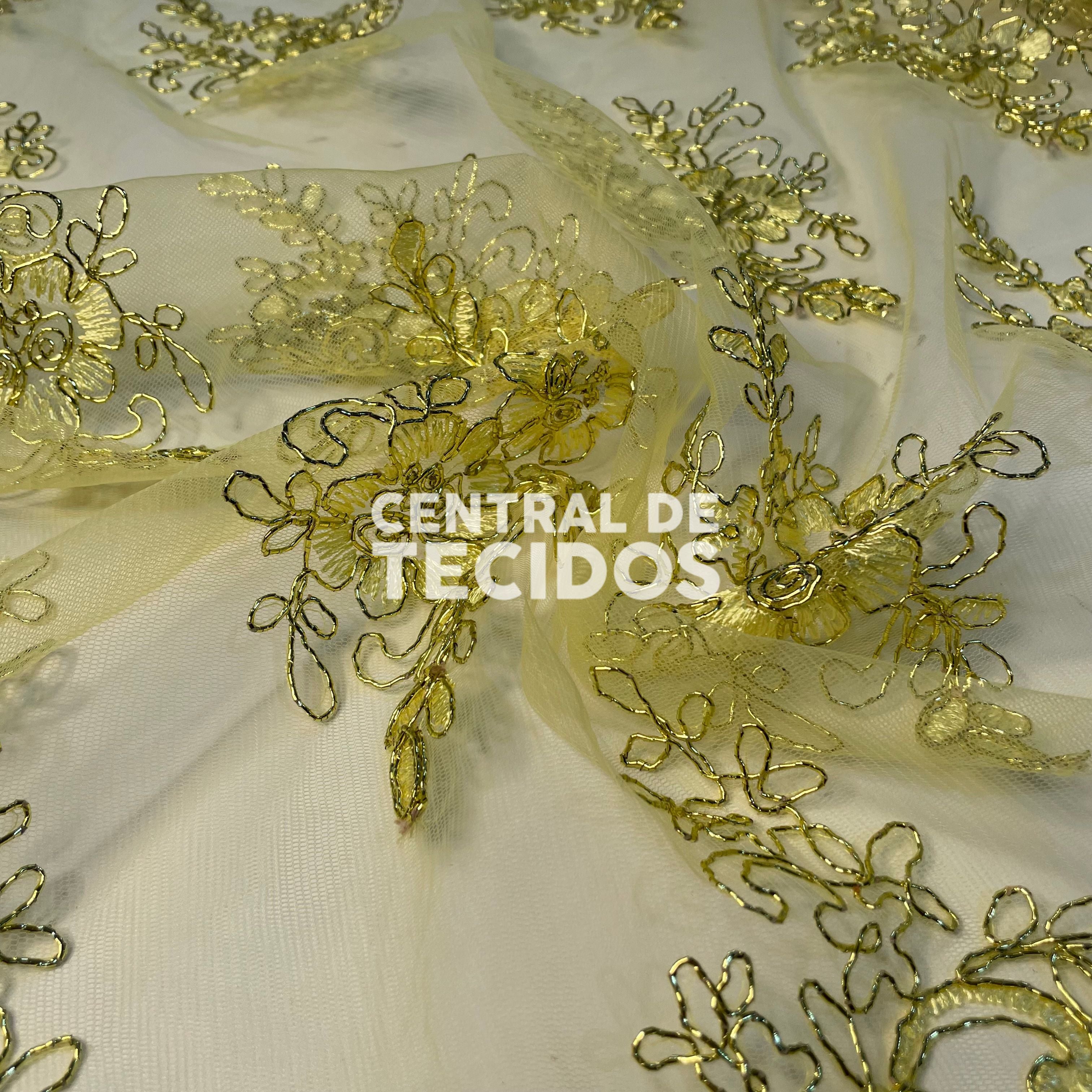 Tule Bordado Metalic Amarelo Ouro