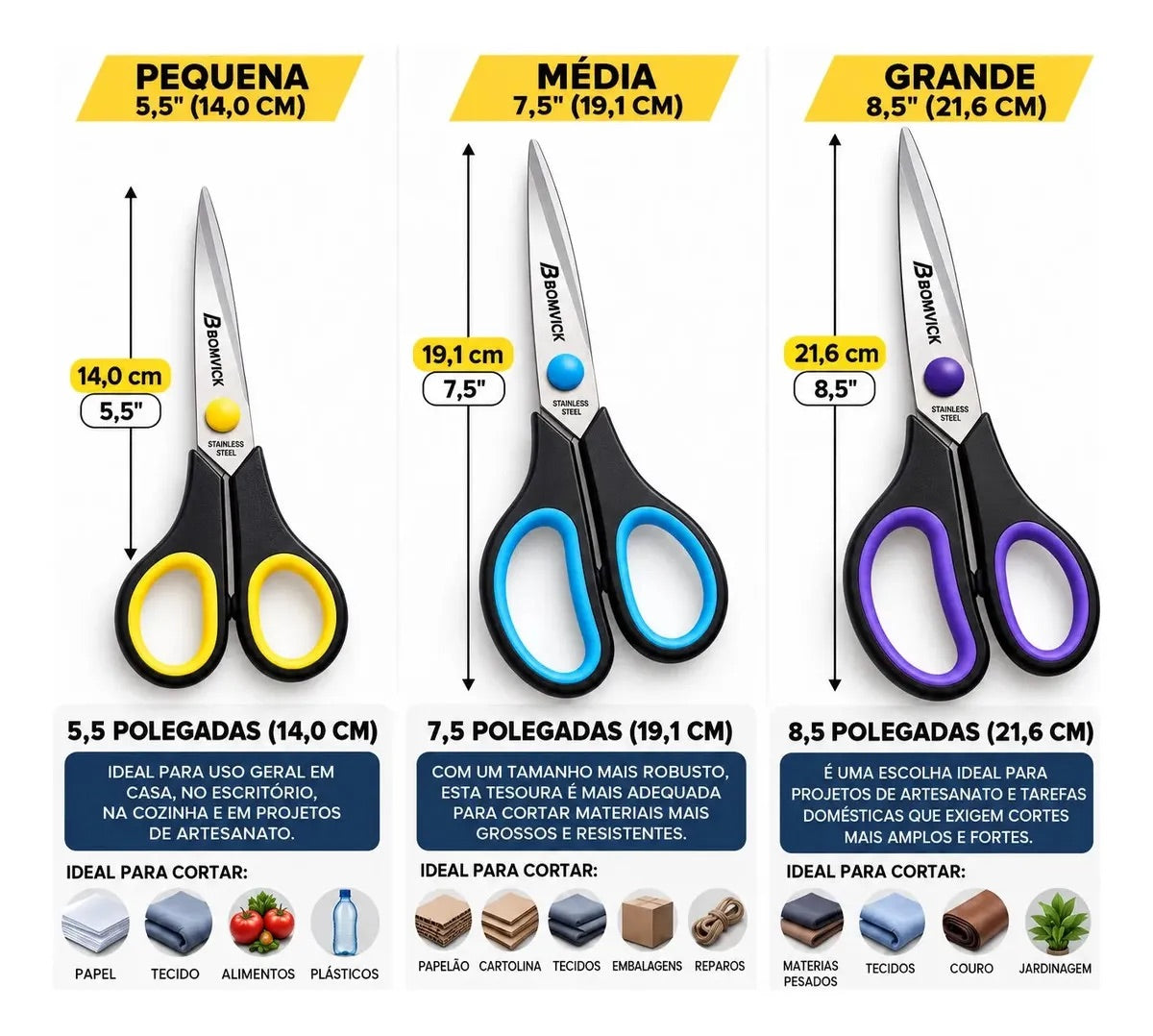 Kit 3 Tesouras Costura Inox Multiuso