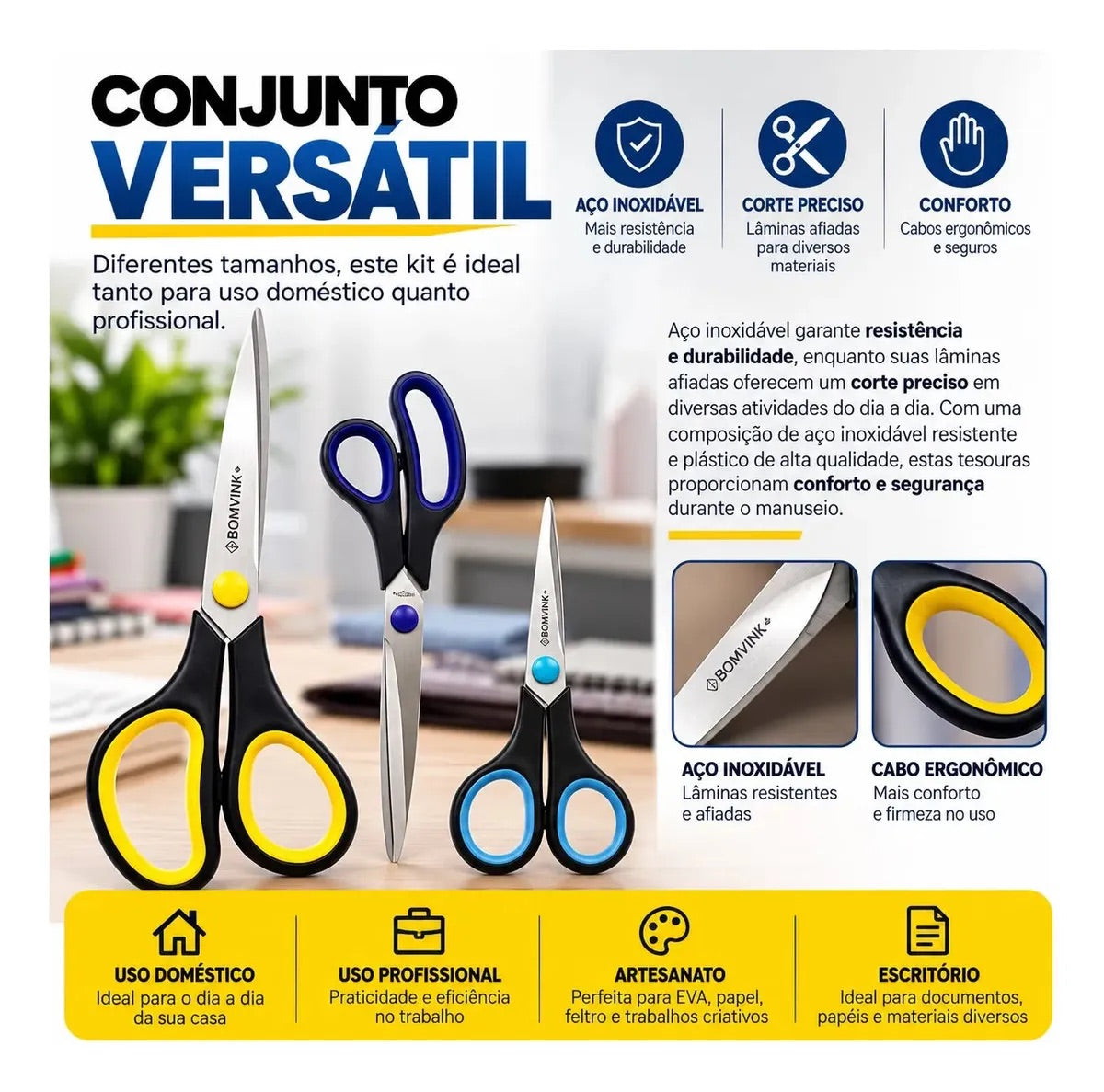Kit 3 Tesouras Costura Inox Multiuso