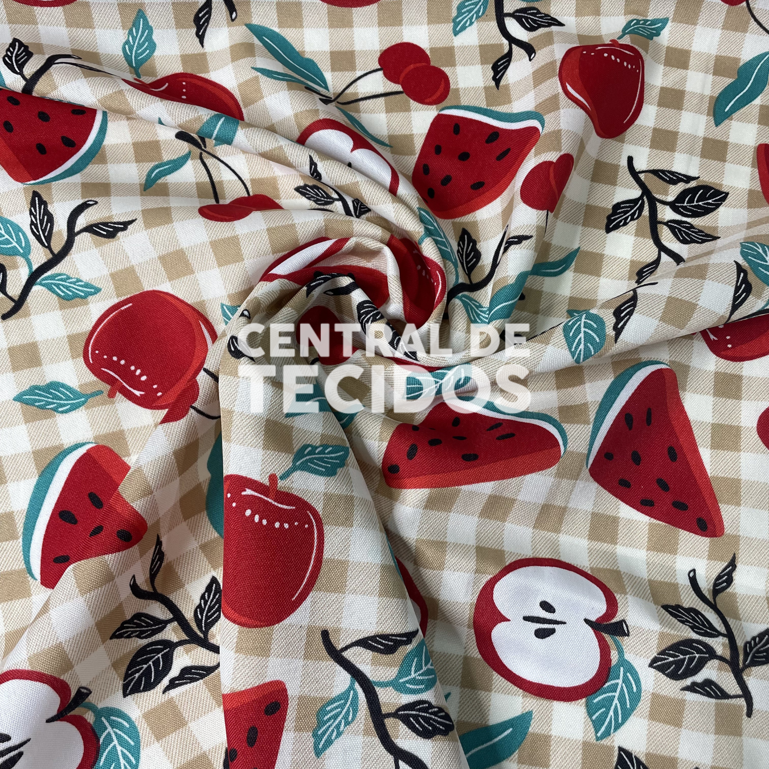 Oxford Mix Frutas Fundo Xadrez Bege