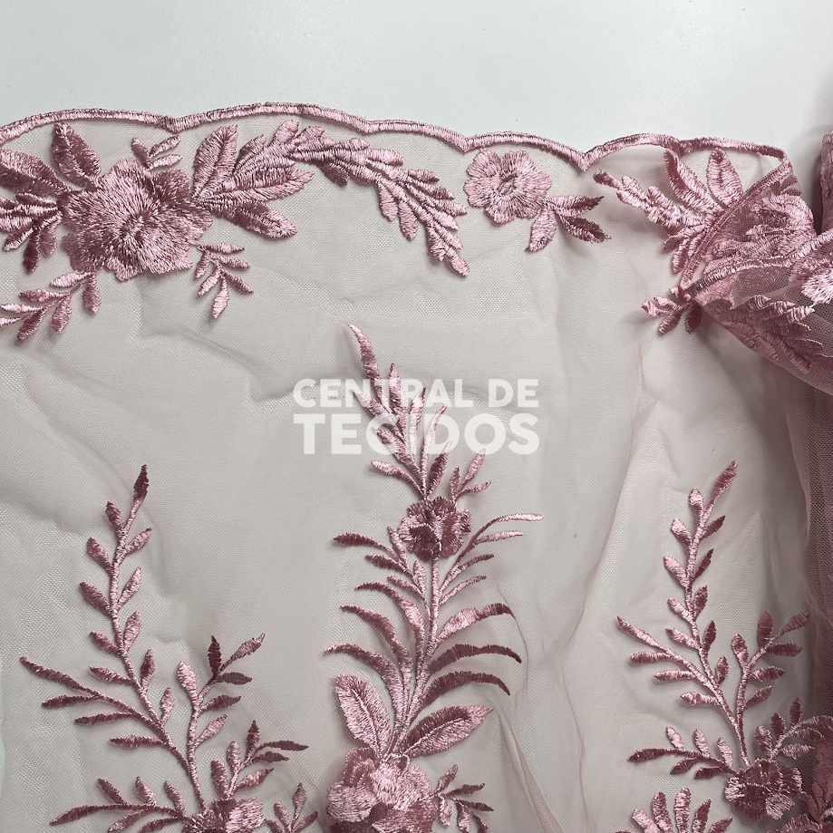 Tule Bordado London 3D Rosa Antigo
