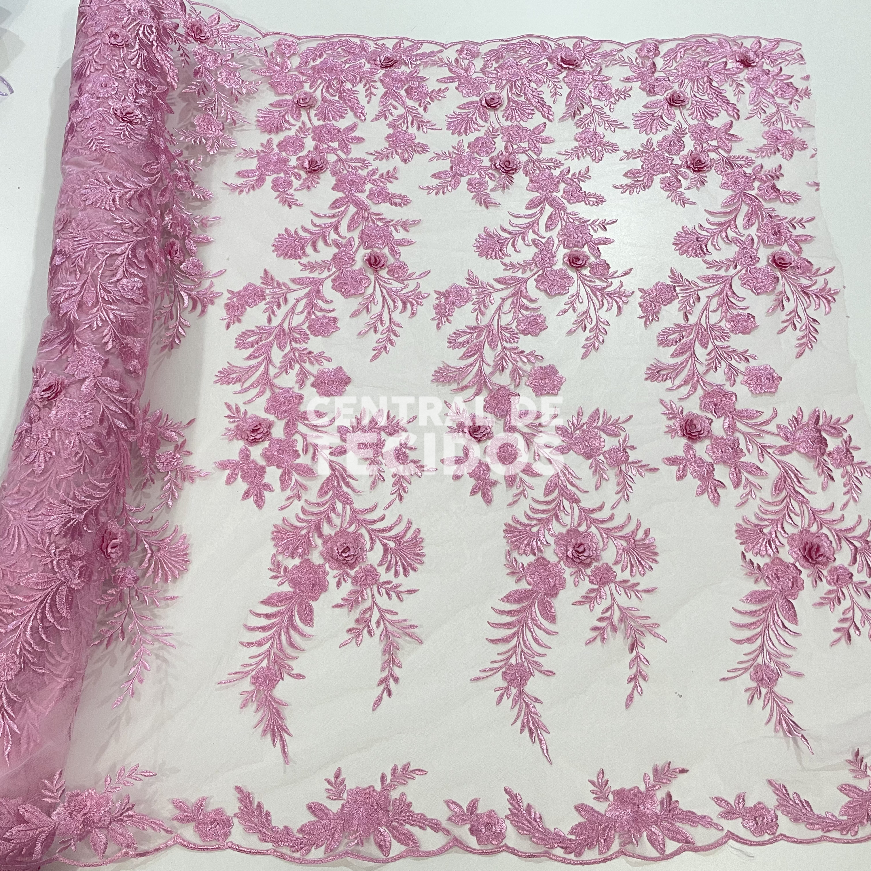 Tule Bordado London 3D Rosa Bebê