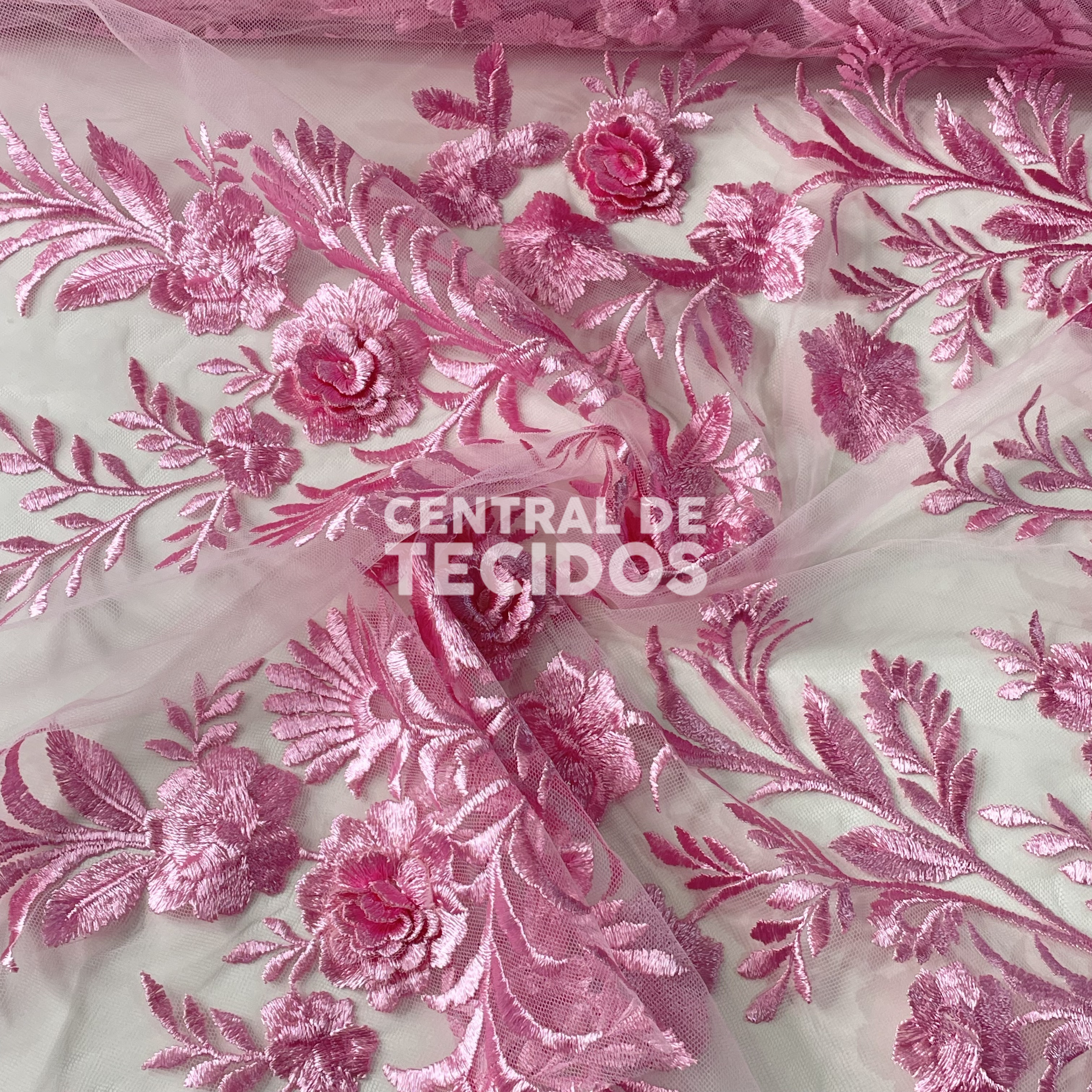 Tule Bordado London 3D Rosa Bebê