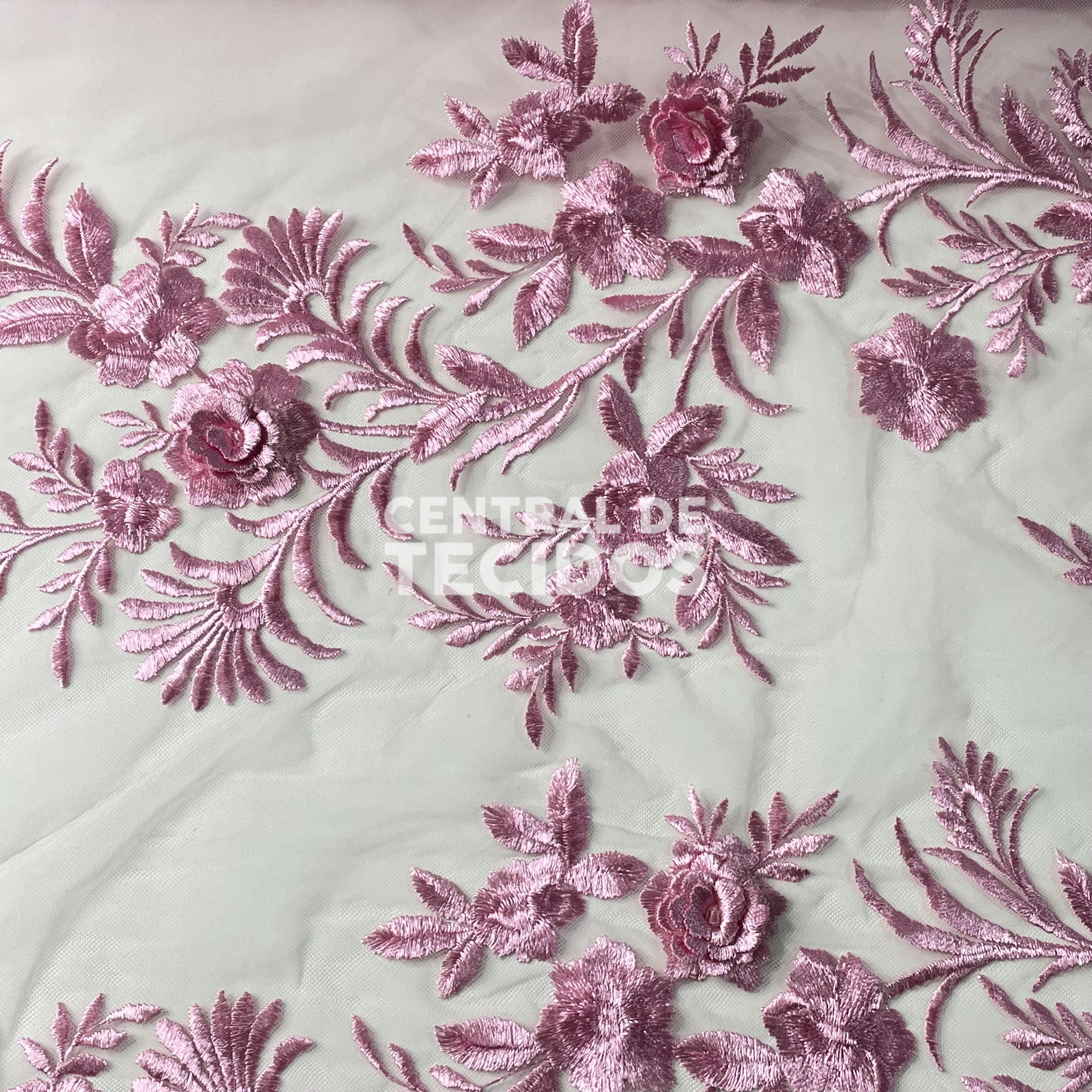 Tule Bordado London 3D Rosa Bebê