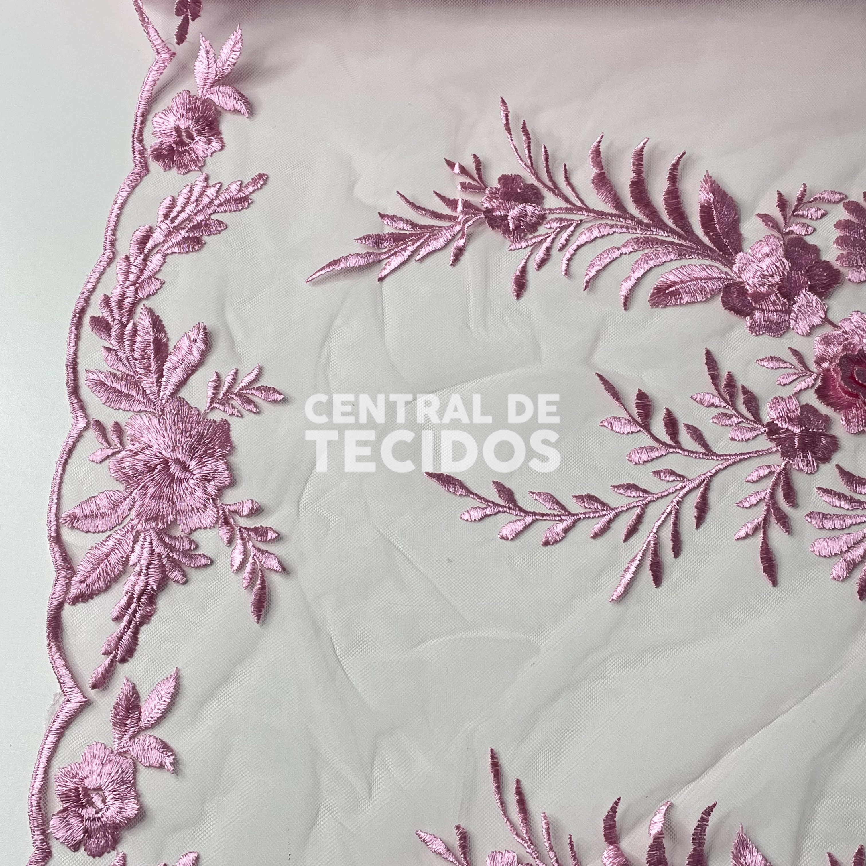 Tule Bordado London 3D Rosa Bebê