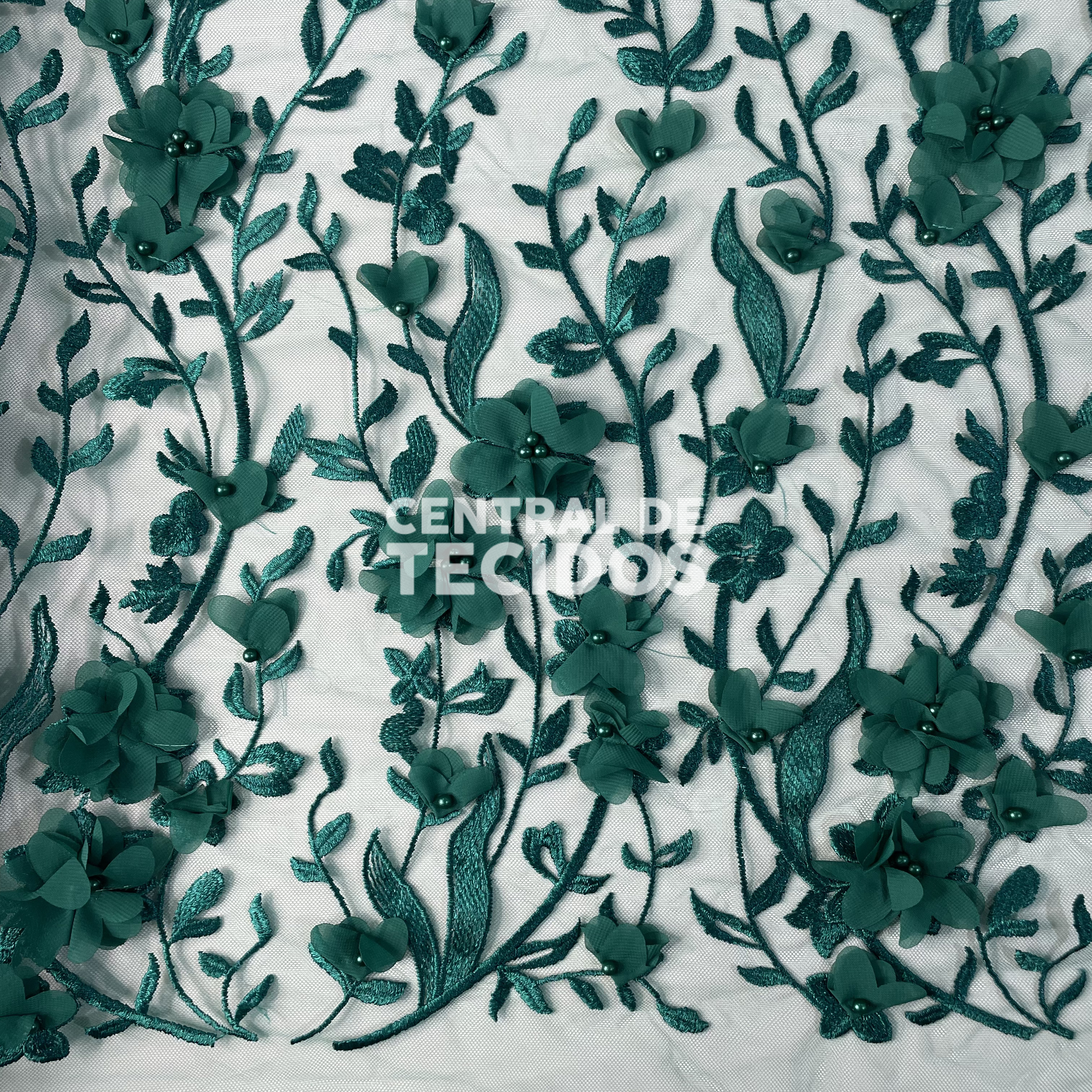 Tule Bordado Pérolas 3D Verde Floresta