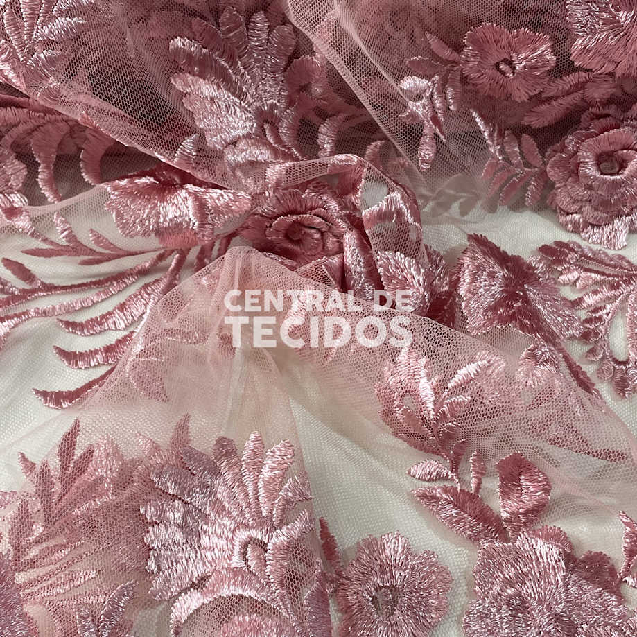 Tule Bordado London 3D Rosa Antigo