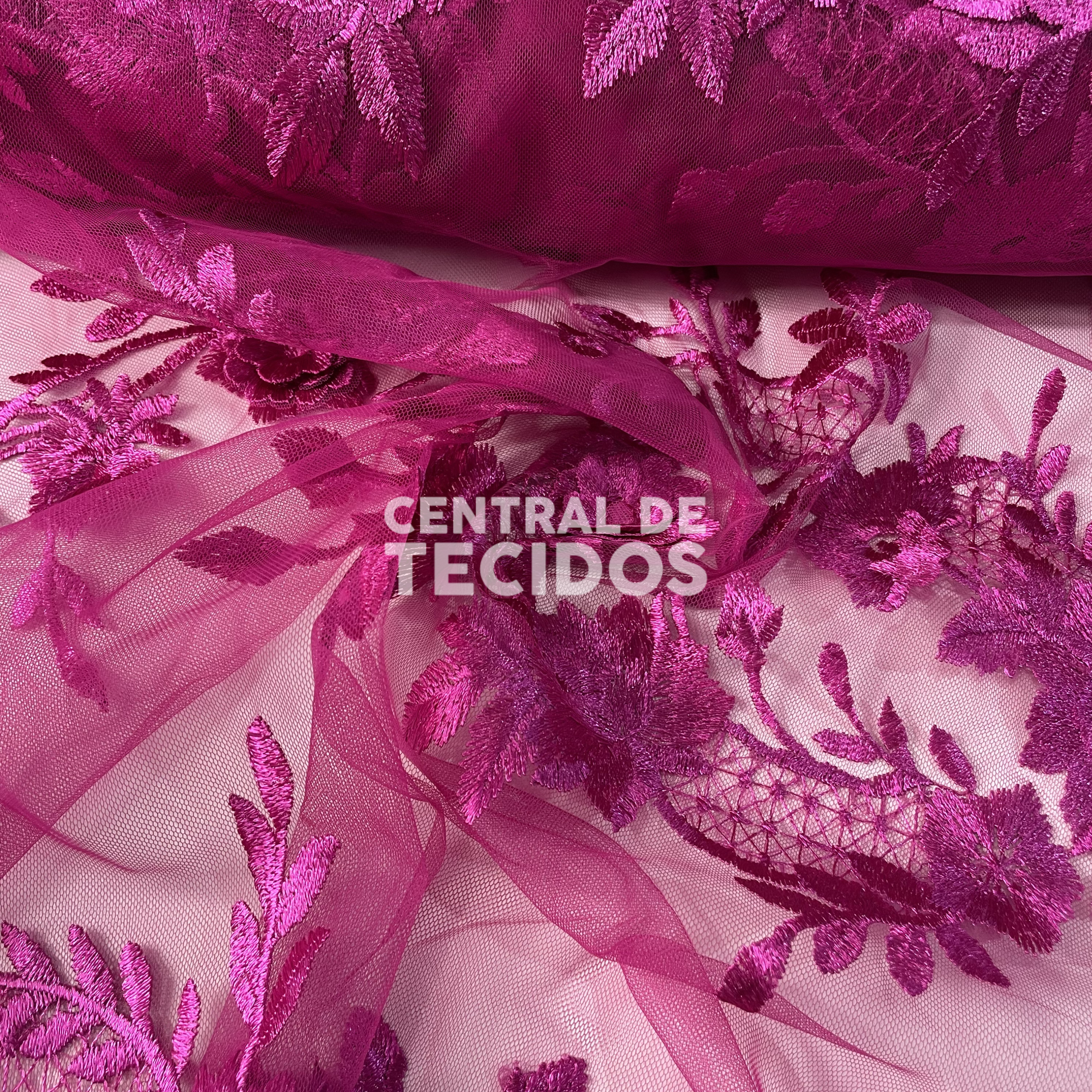 Tule Bordado 3D Floral Fúcsia