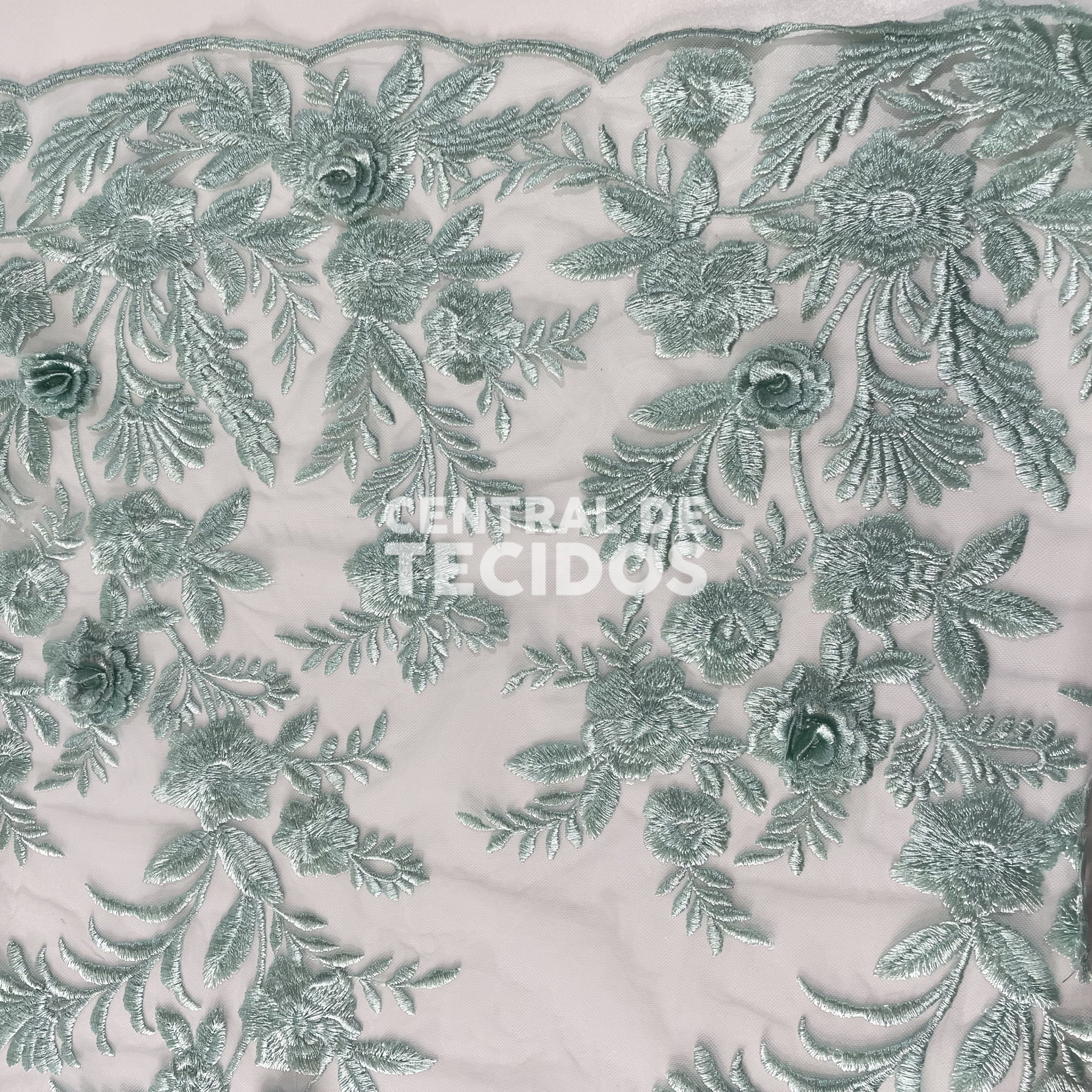 Tule Bordado London 3D Verde Água