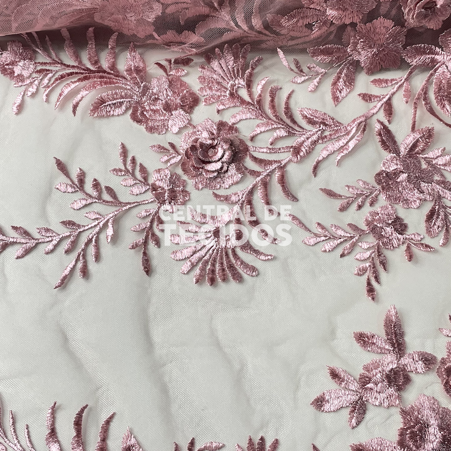 Tule Bordado London 3D Rosa Antigo