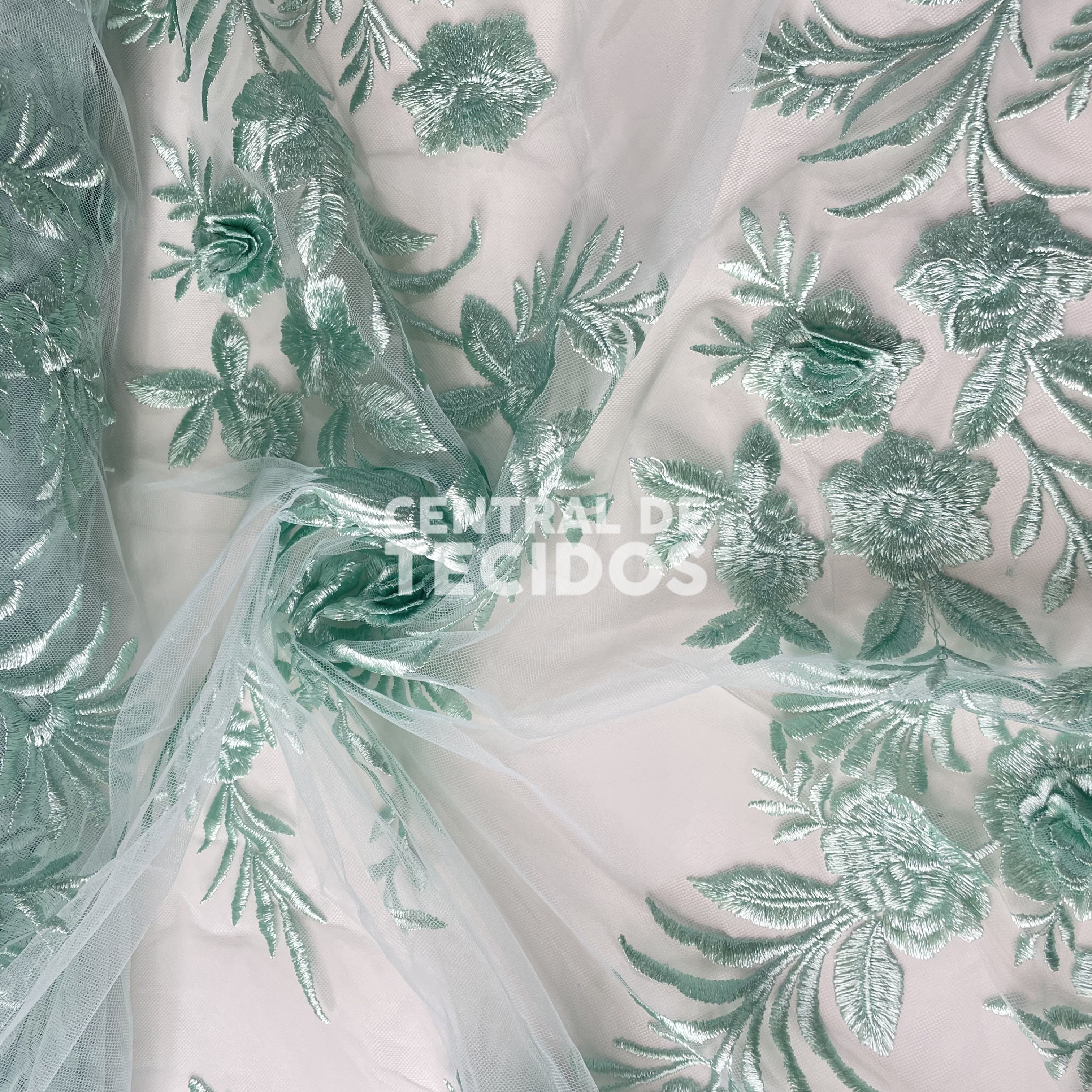 Tule Bordado London 3D Verde Água