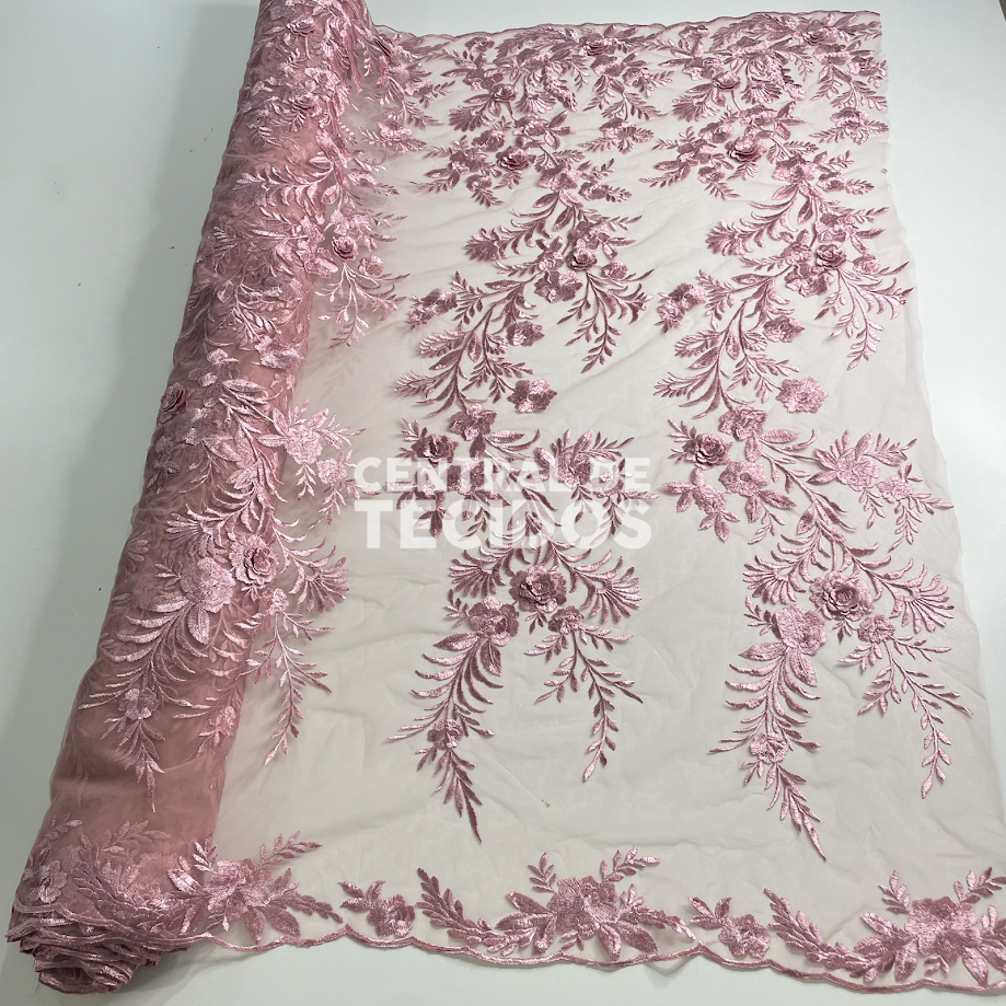 Tule Bordado London 3D Rosa Antigo