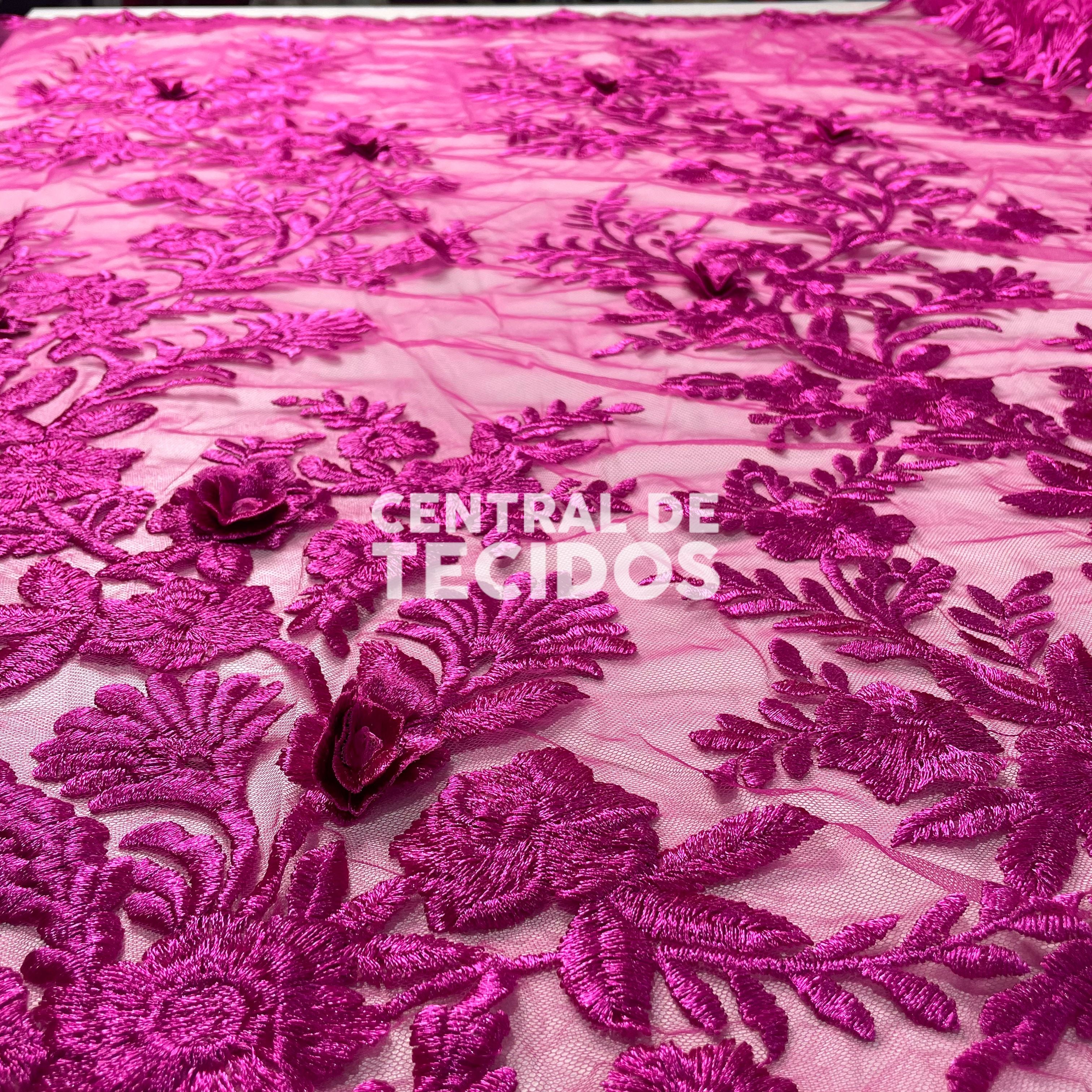 Tule Bordado London 3D Rosa Choque