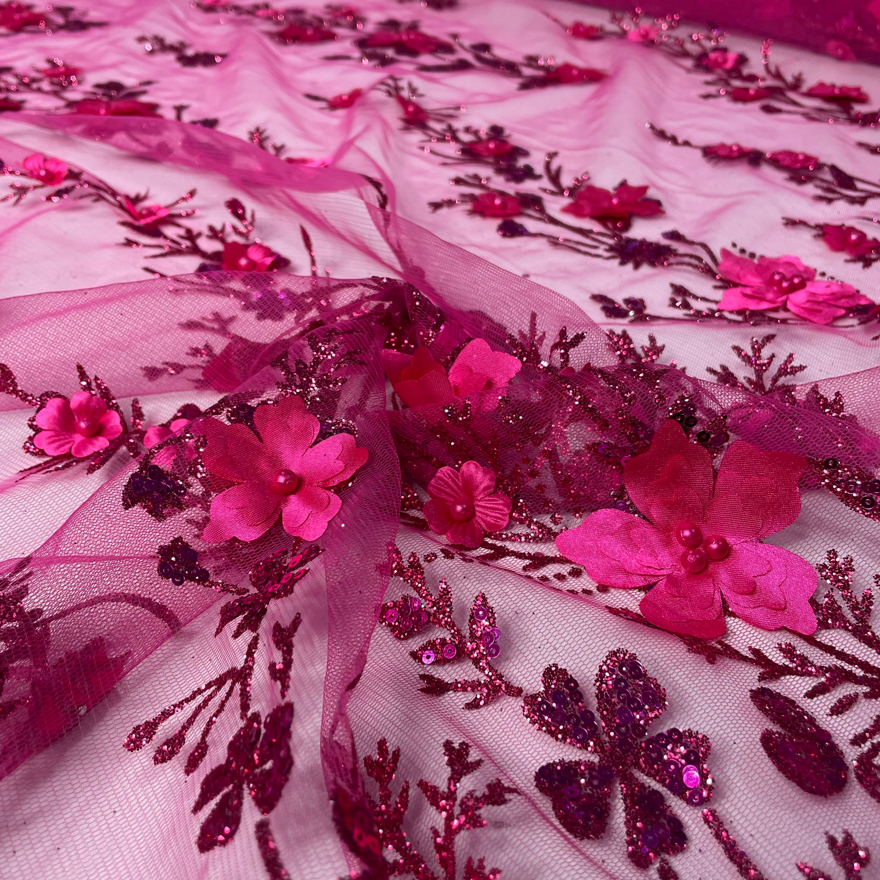 Tule Bordado Glitter 3D Floral Pérola Rosa Choque