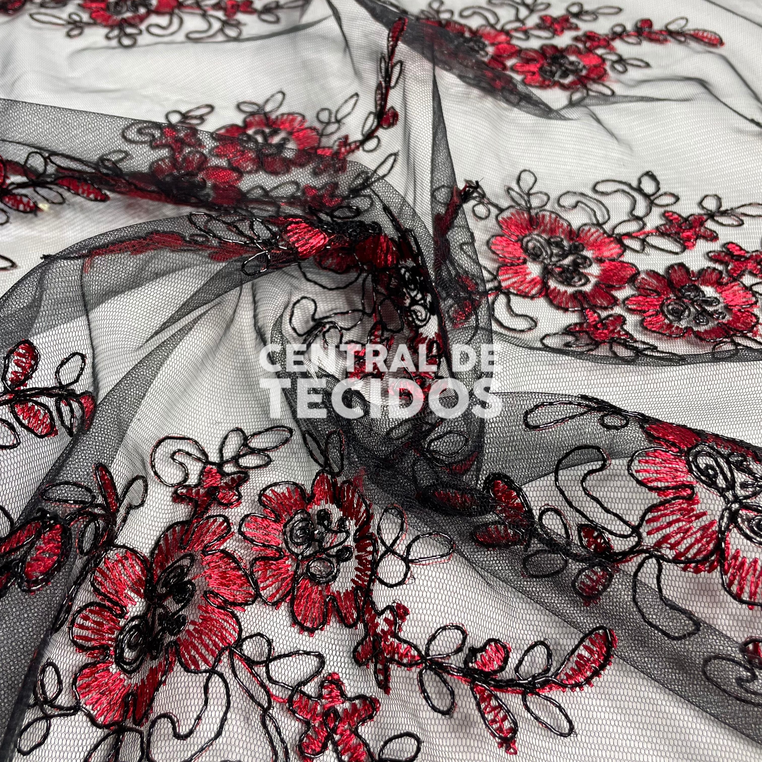 Tule Bordado Metalic Vermelho e Preto