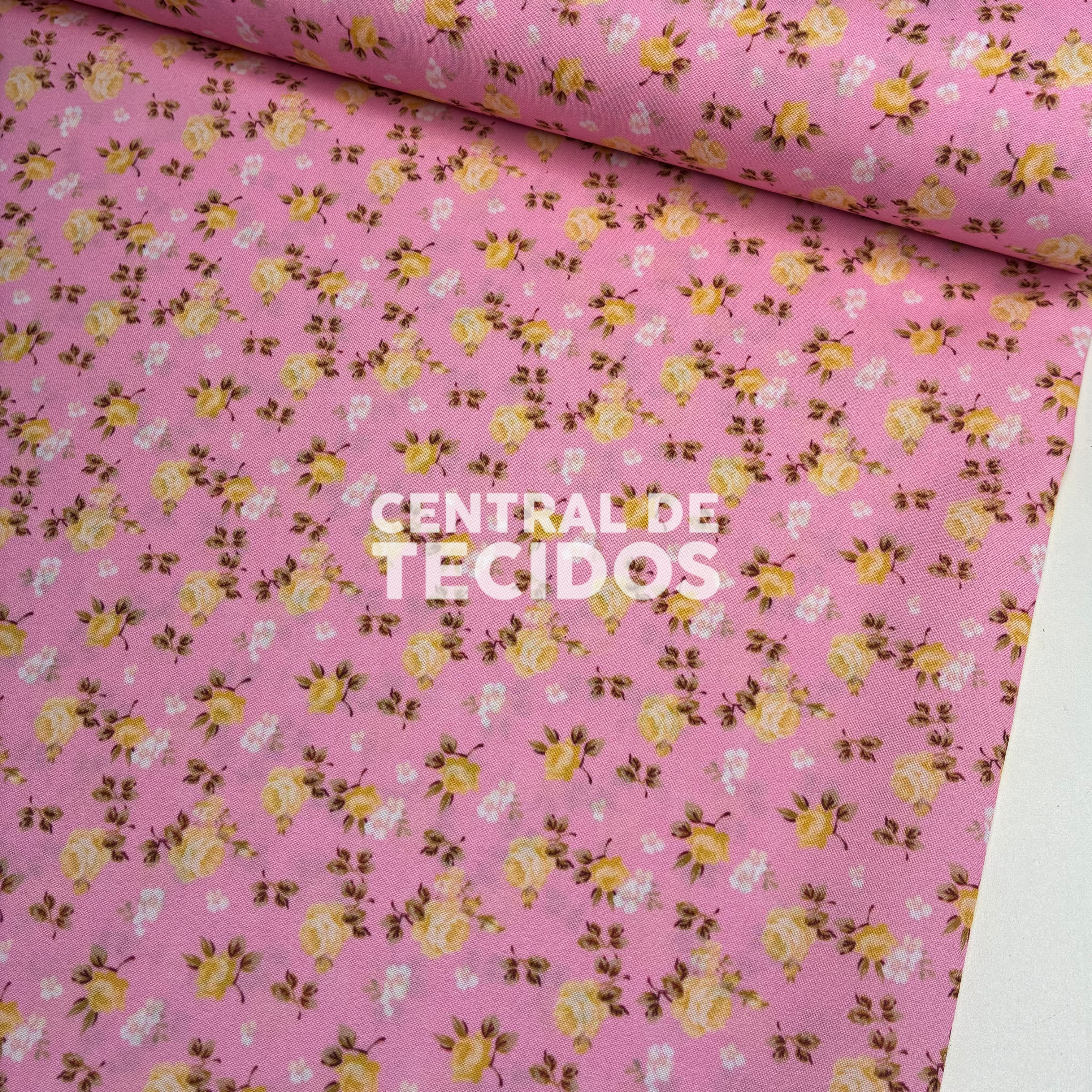 Oxfordine Digital Flores Amarelas Fundo Rosa