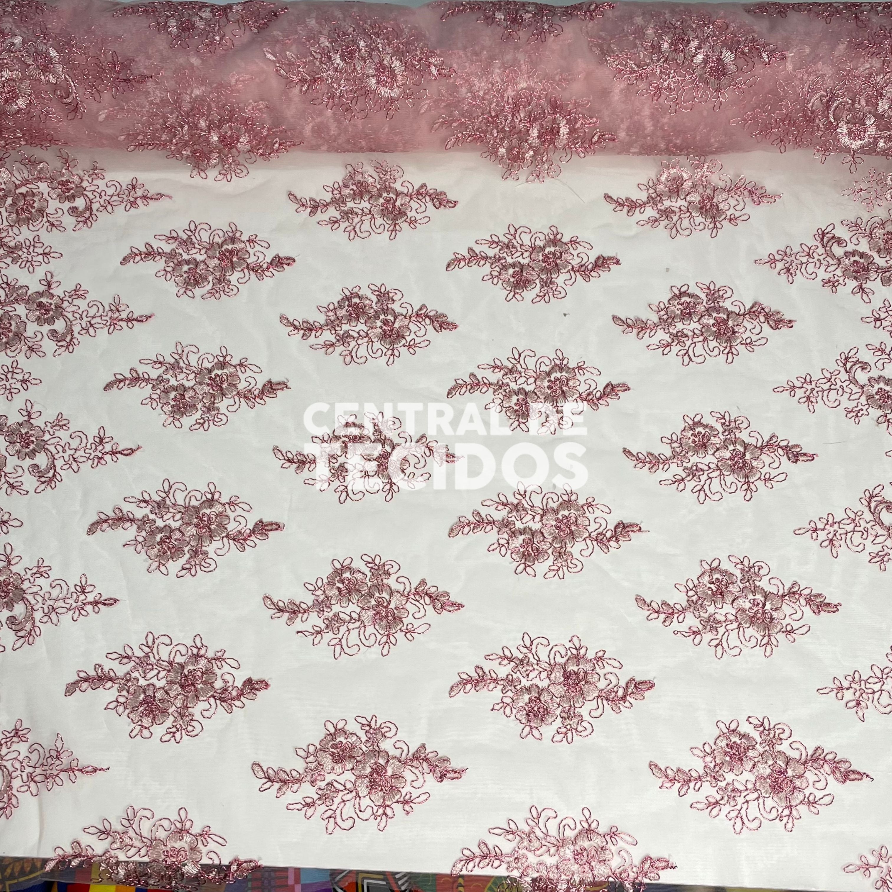 Tule Bordado Metalic Rosa Antigo