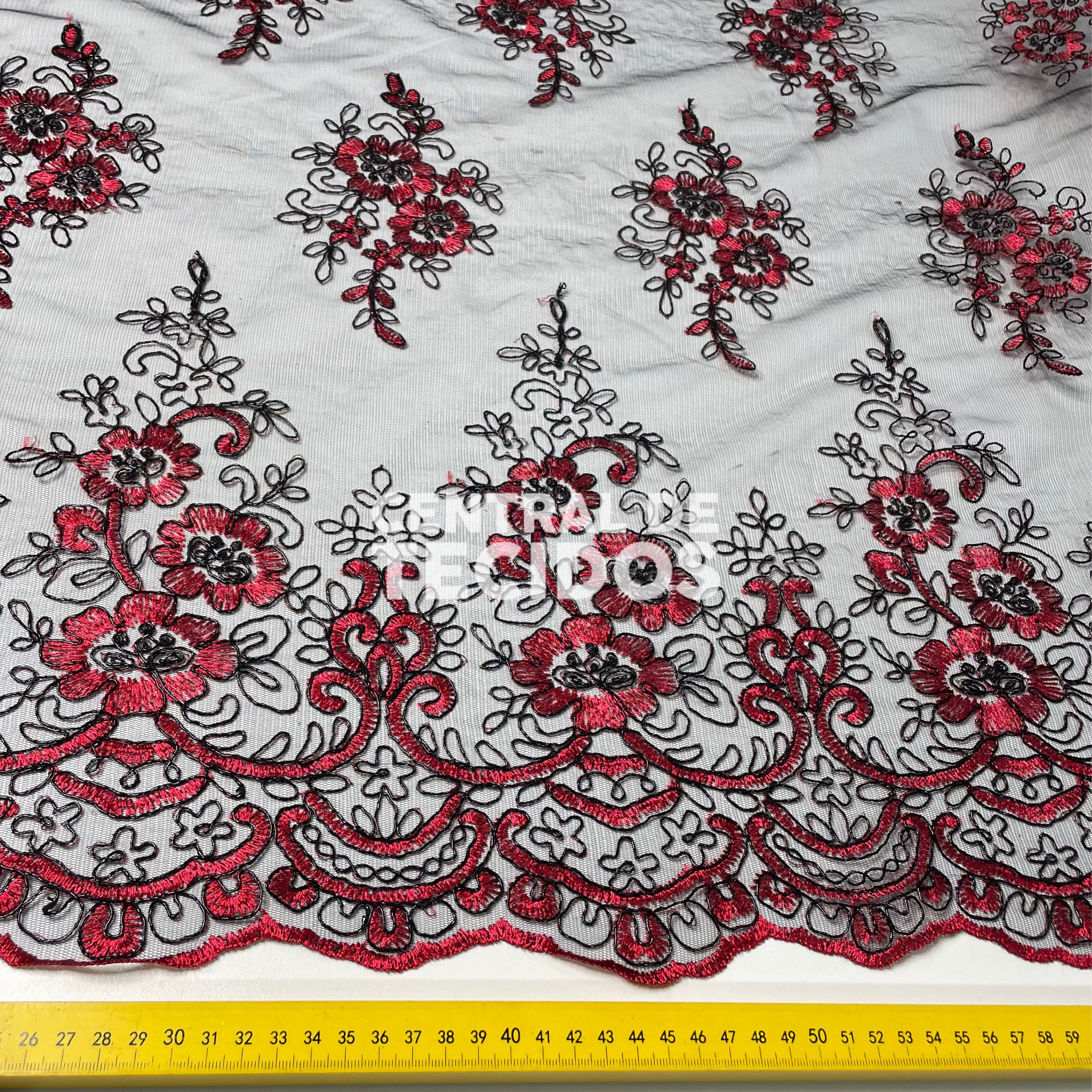 Tule Bordado Metalic Vermelho e Preto