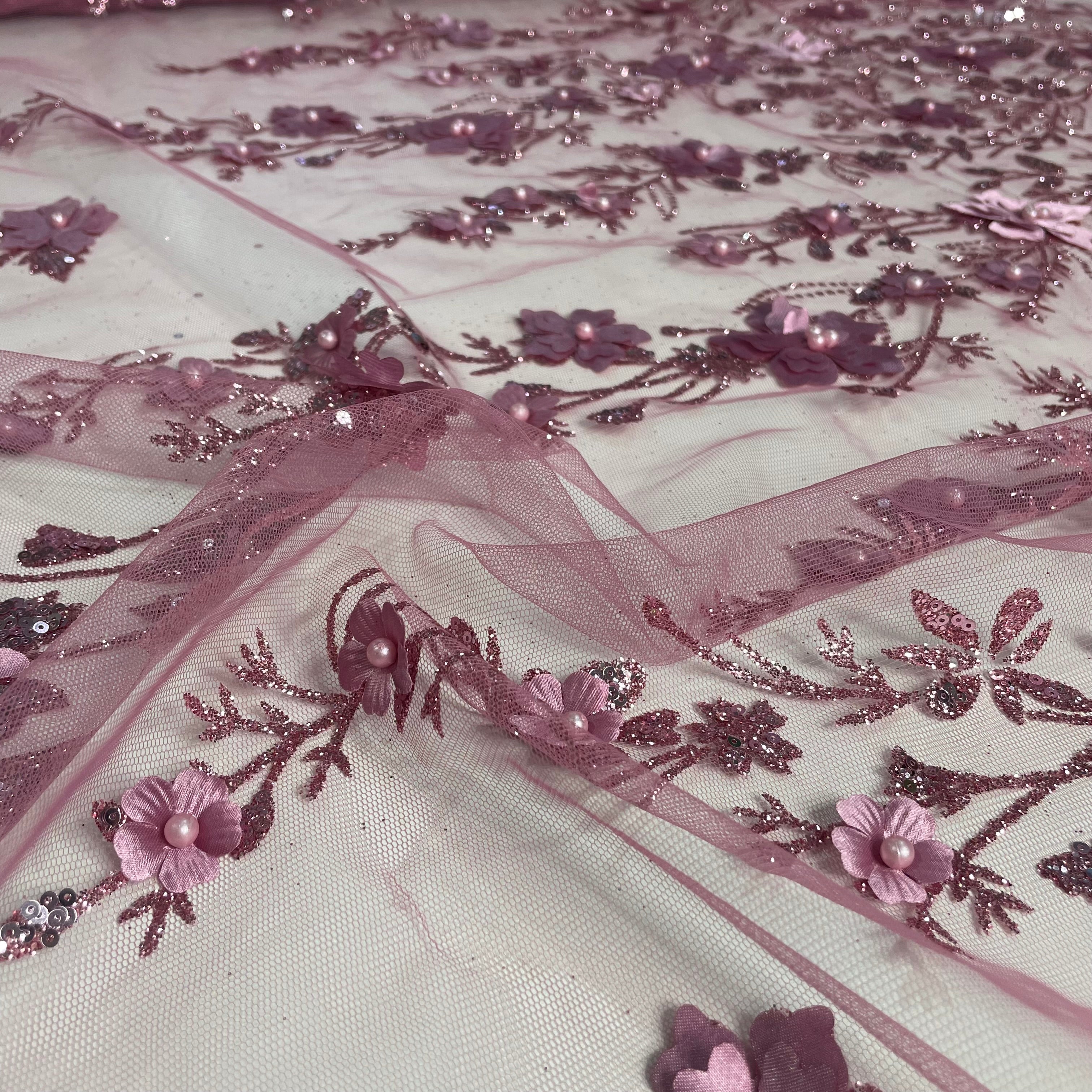 Tule Bordado Glitter 3D Floral Pérola Rosa Antigo